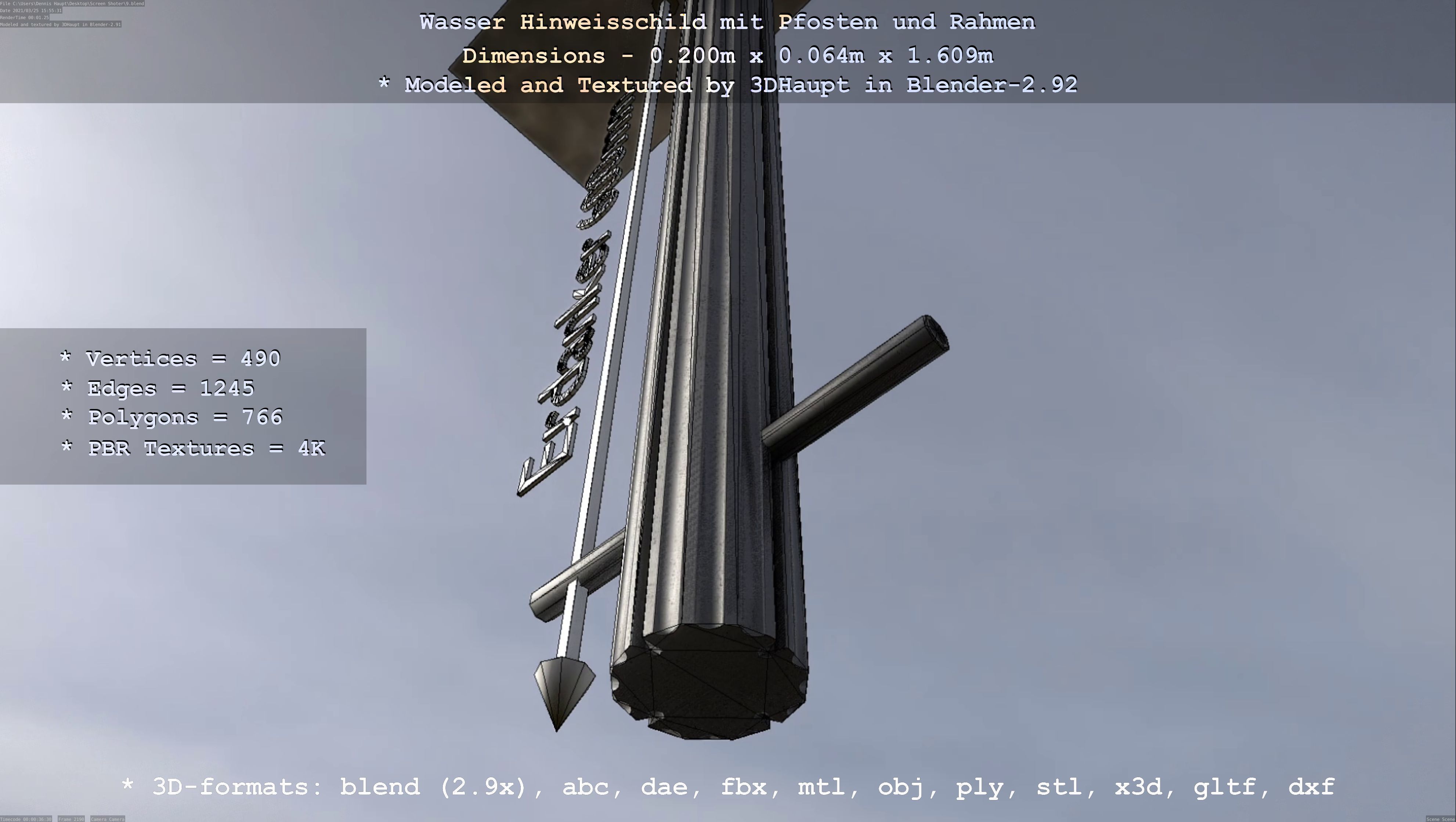 Hinweisschild Wasser mit Pfosten und Rahmen Low-poly 3D model_14