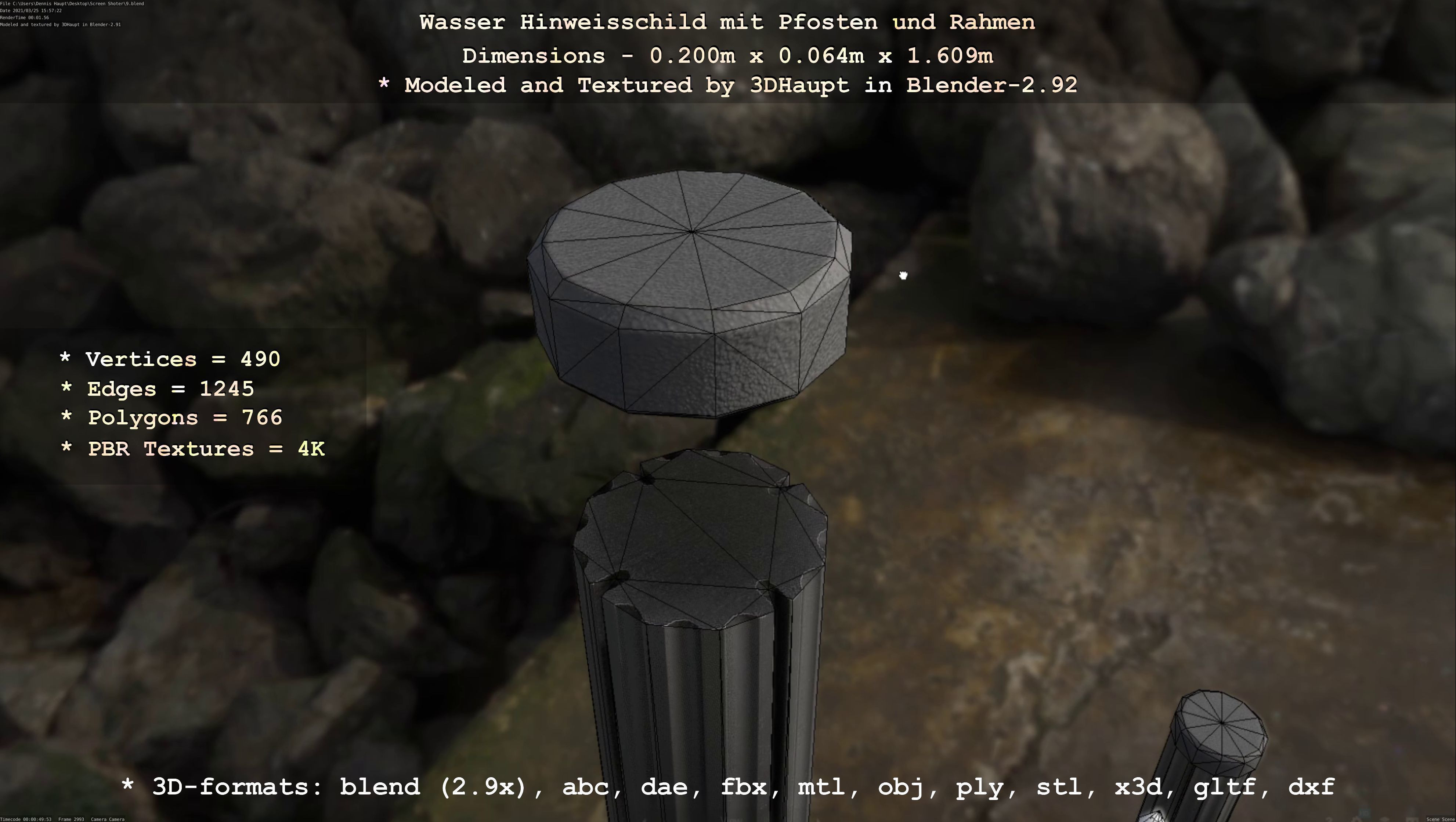 Hinweisschild Wasser mit Pfosten und Rahmen Low-poly 3D model_136