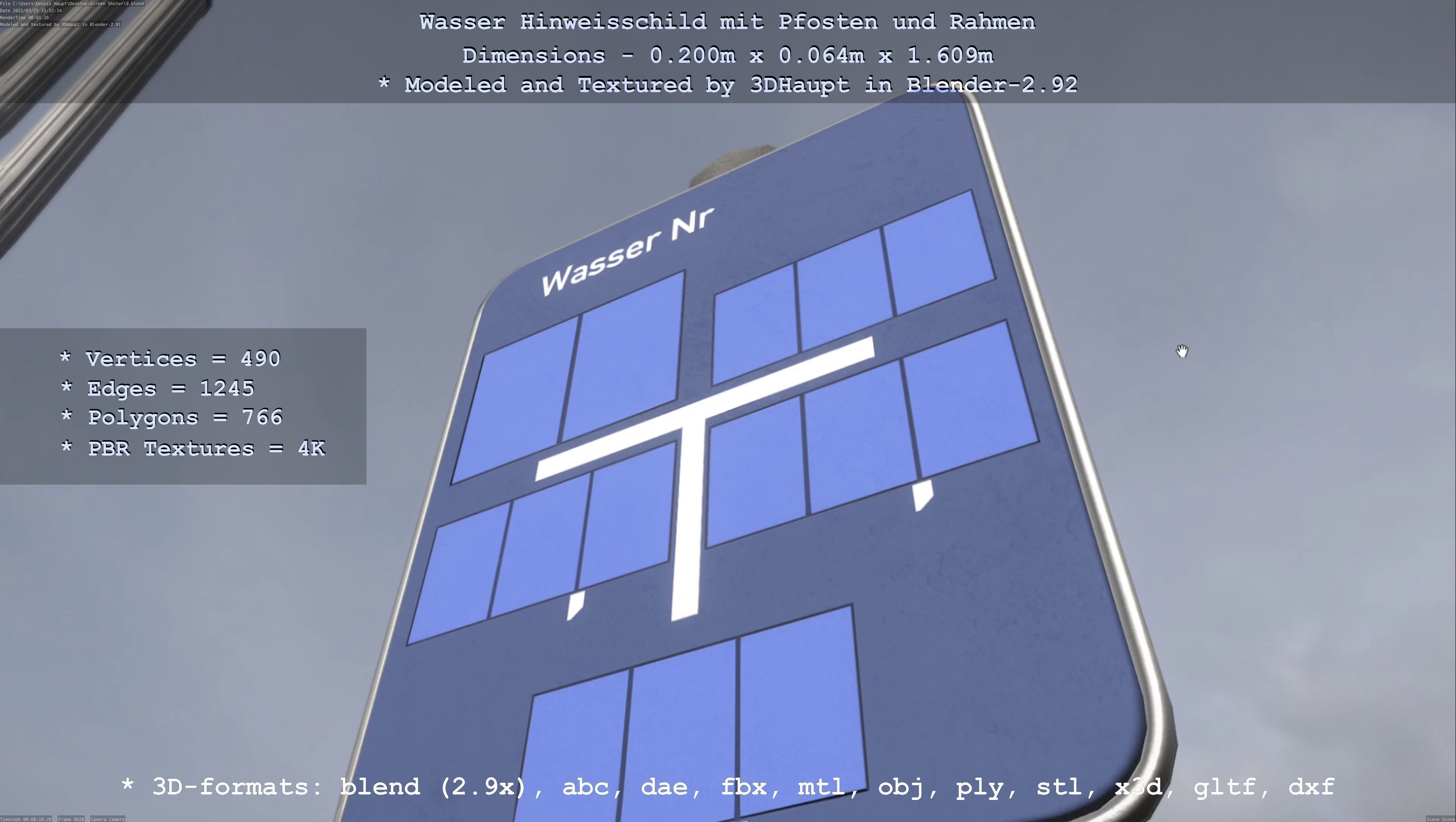 Hinweisschild Wasser mit Pfosten und Rahmen Low-poly 3D model_48