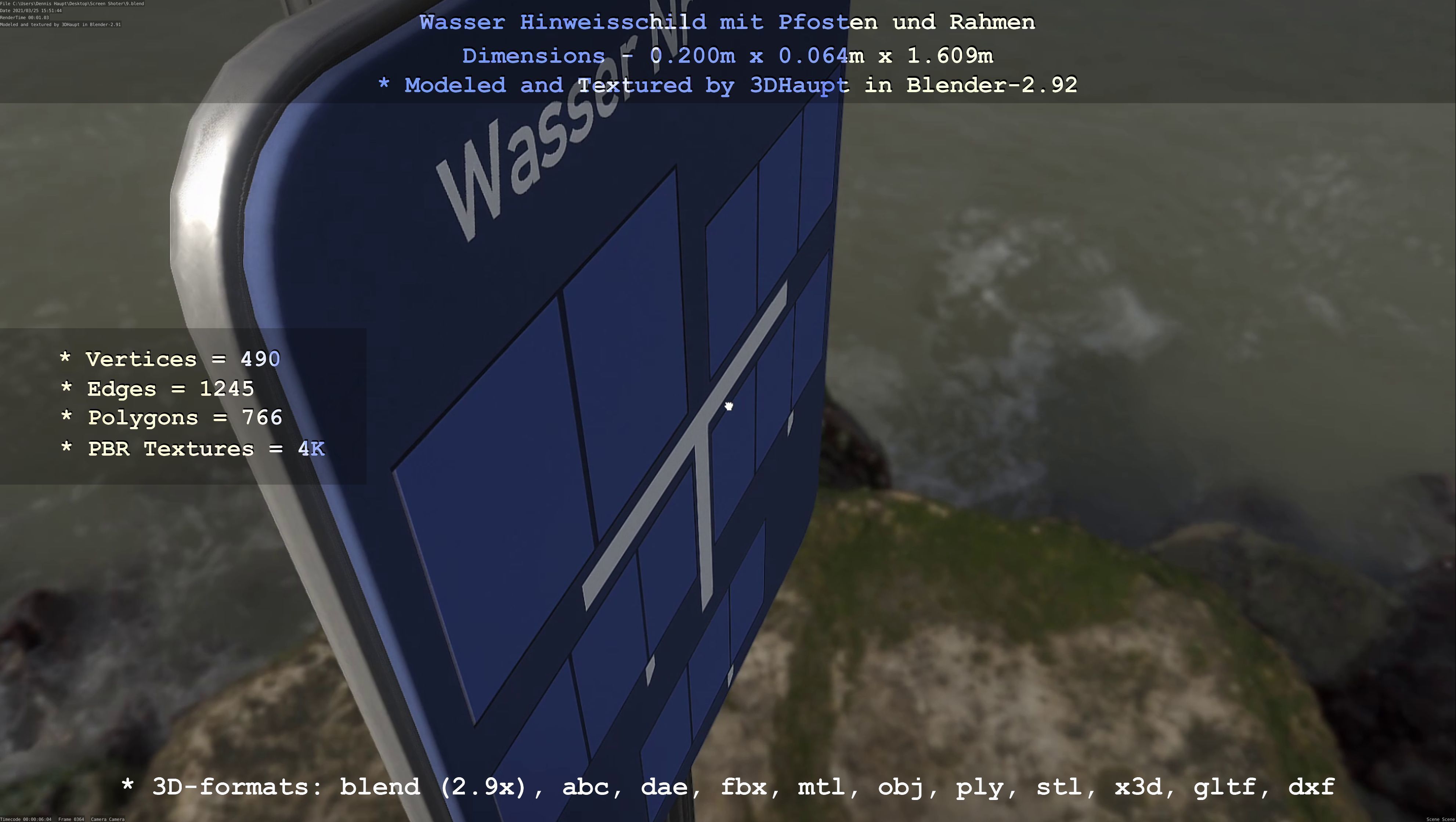 Hinweisschild Wasser mit Pfosten und Rahmen Low-poly 3D model_24