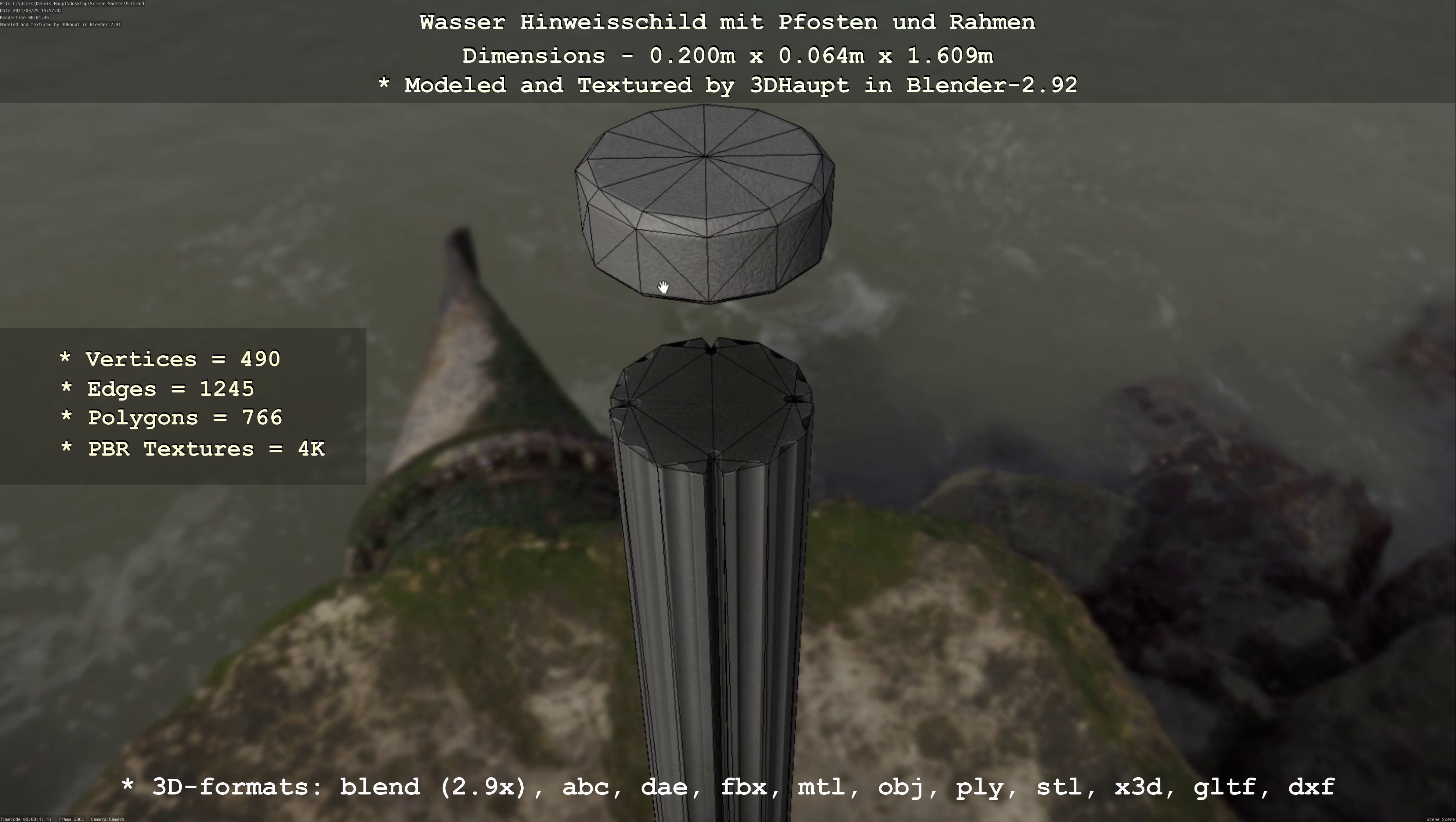 Hinweisschild Wasser mit Pfosten und Rahmen Low-poly 3D model_131