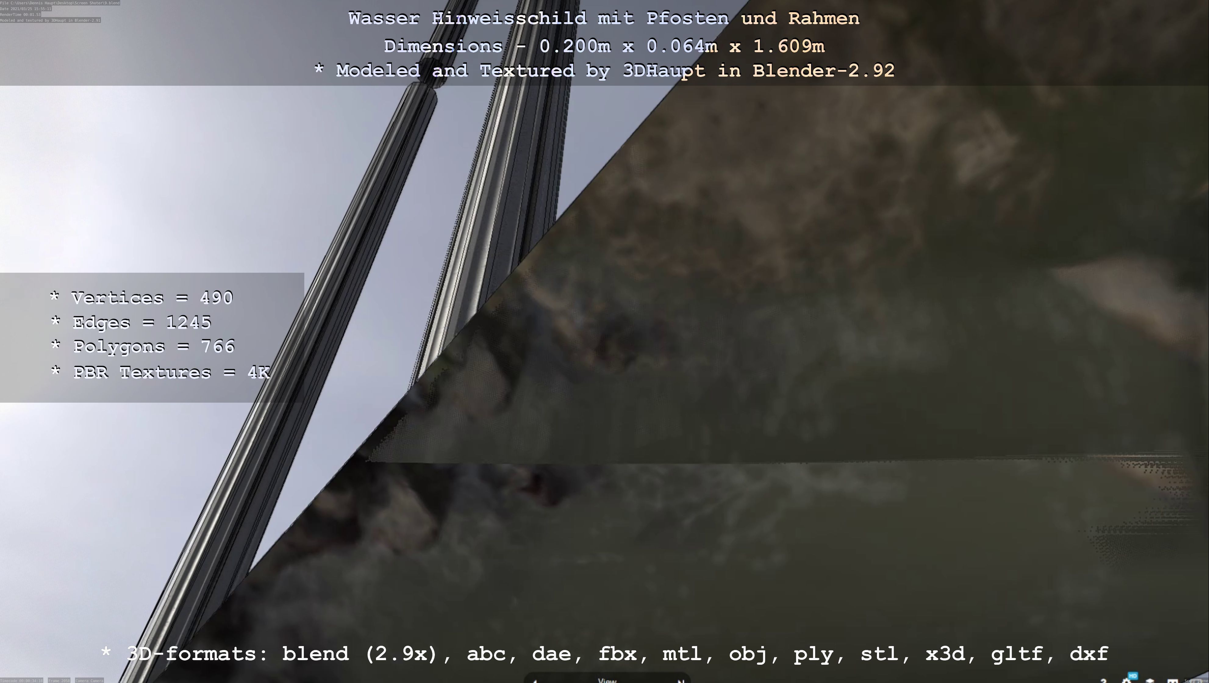 Hinweisschild Wasser mit Pfosten und Rahmen Low-poly 3D model_101