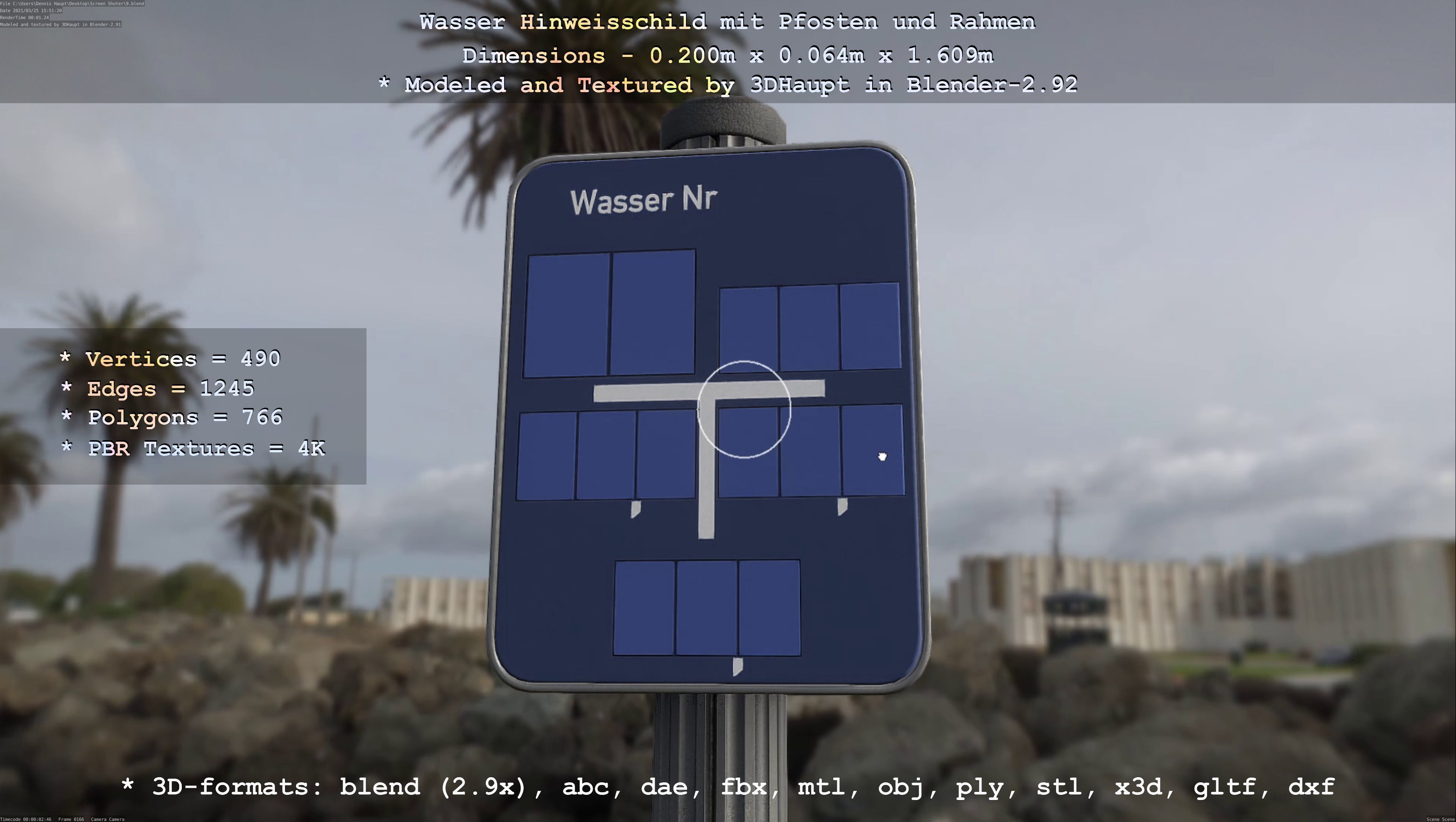 Hinweisschild Wasser mit Pfosten und Rahmen Low-poly 3D model_71