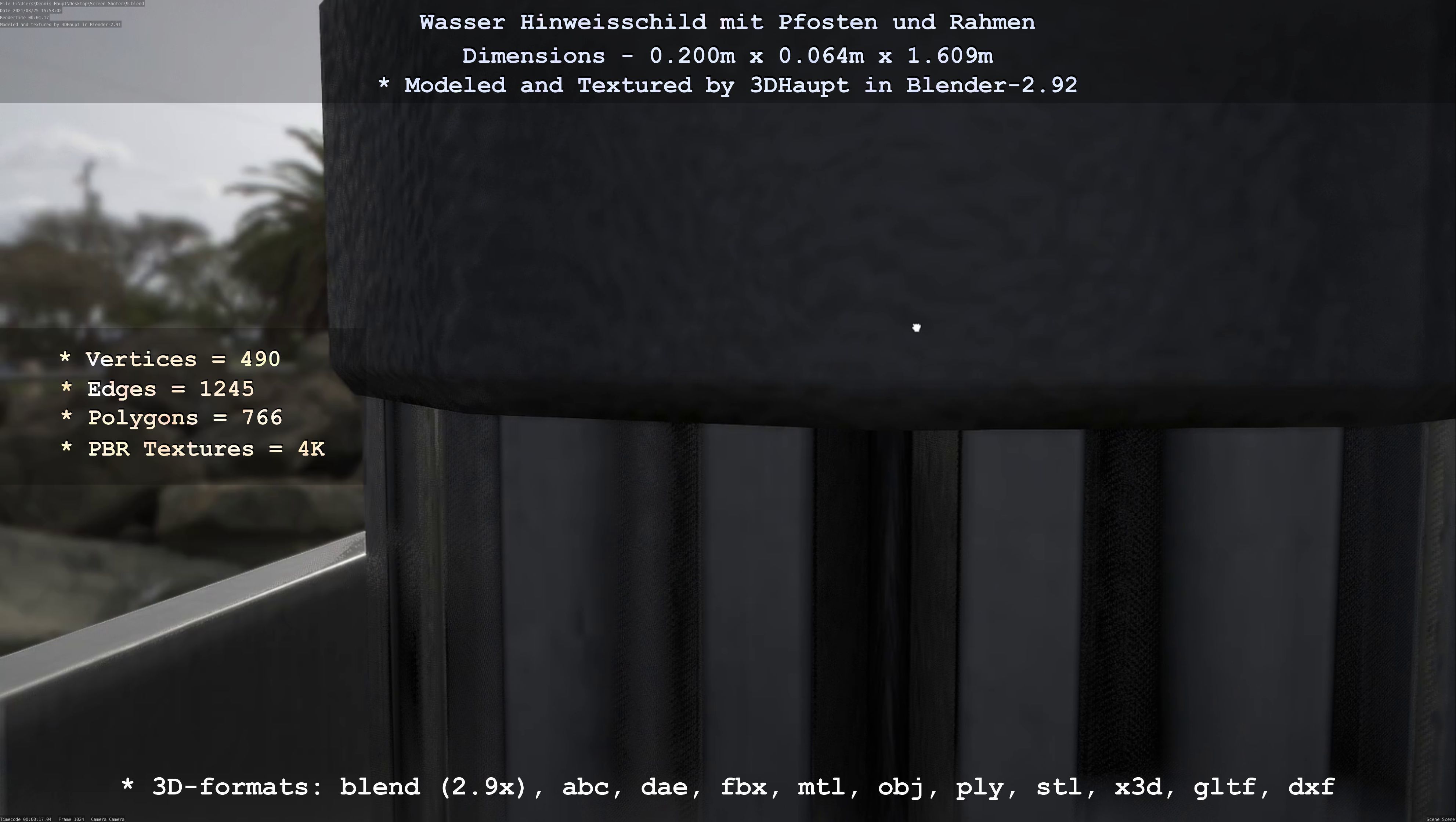 Hinweisschild Wasser mit Pfosten und Rahmen Low-poly 3D model_61