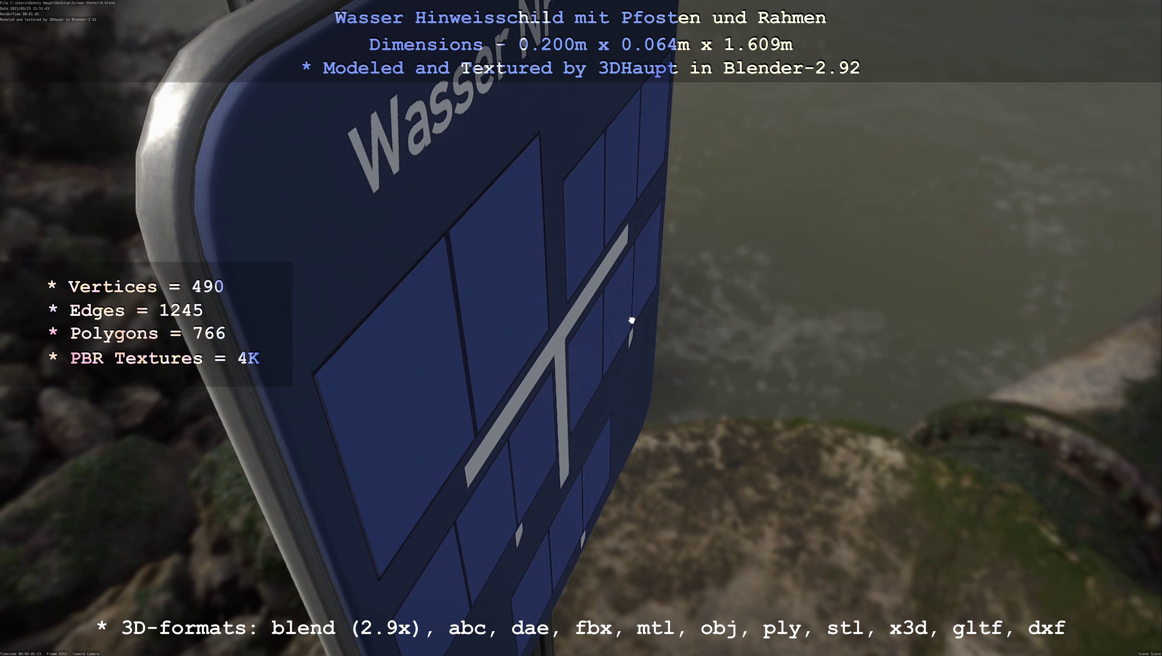 Hinweisschild Wasser mit Pfosten und Rahmen Low-poly 3D model_126