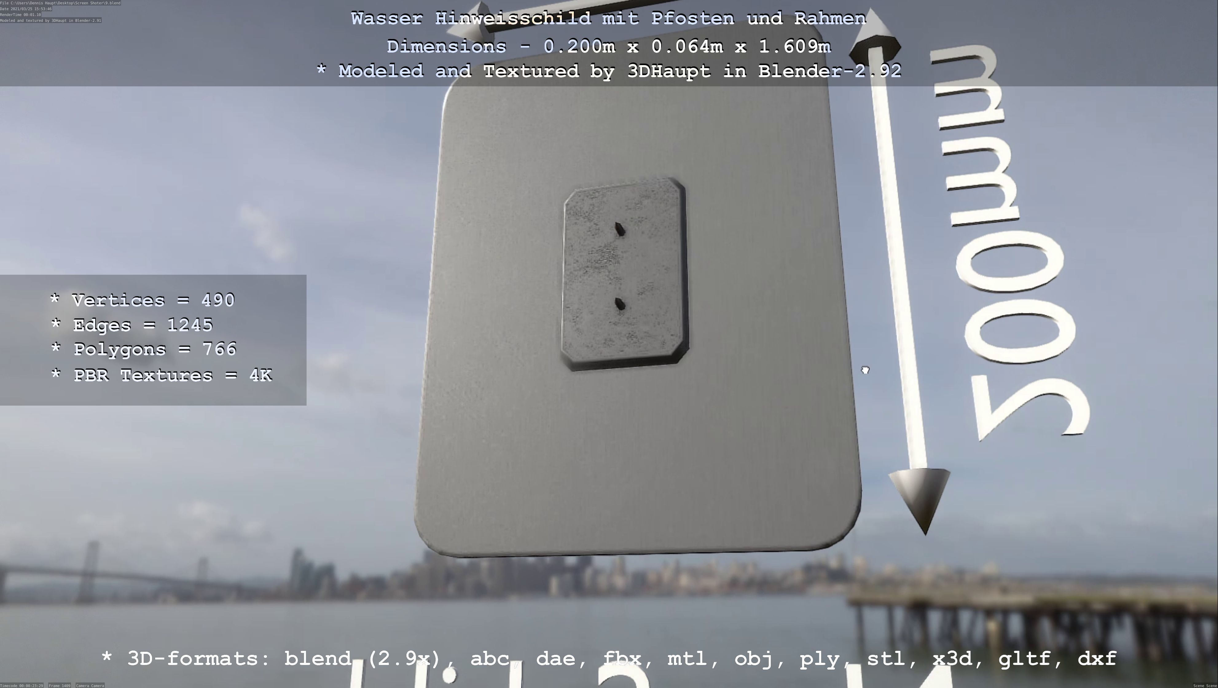 Hinweisschild Wasser mit Pfosten und Rahmen Low-poly 3D model_77