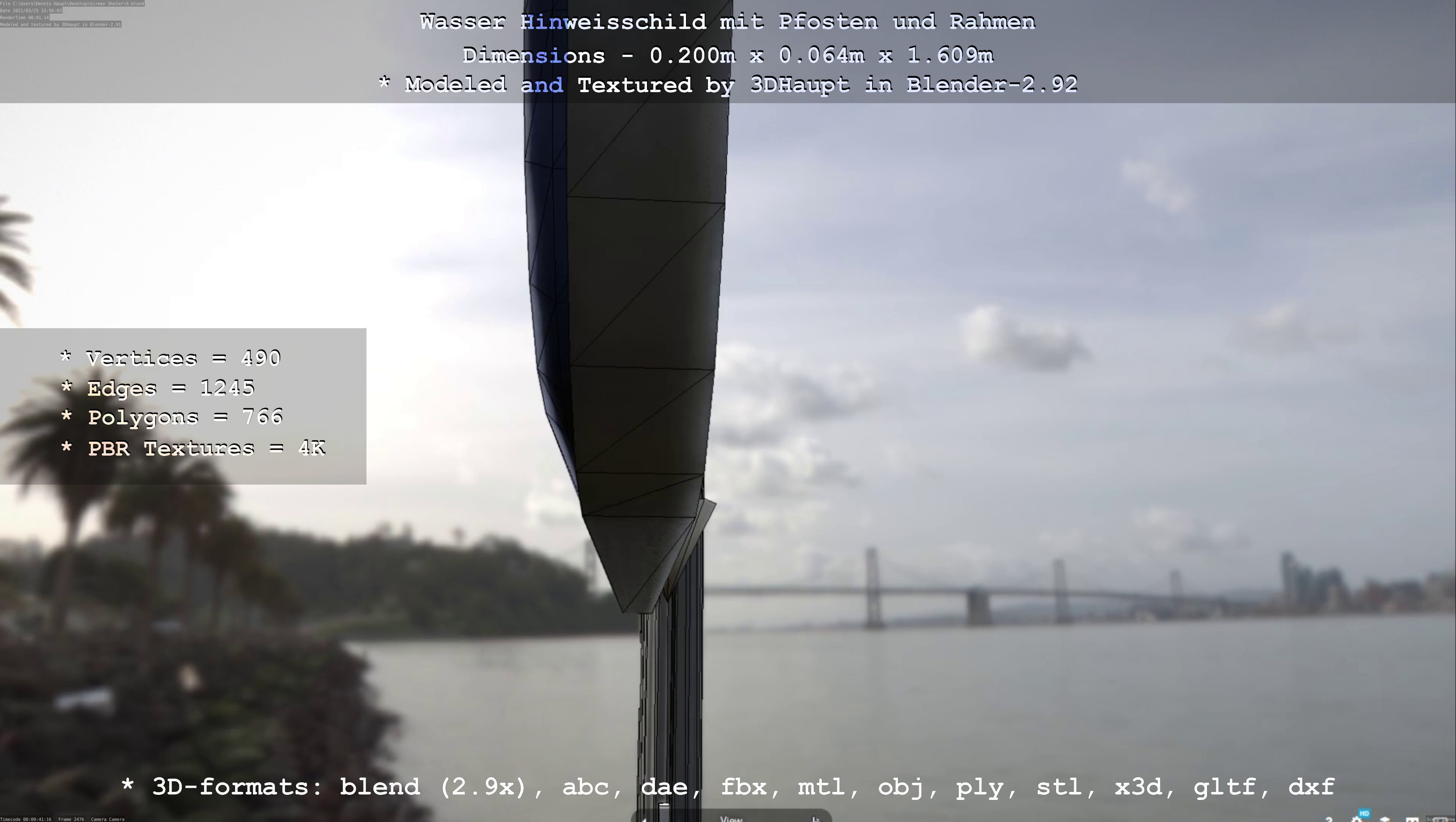 Hinweisschild Wasser mit Pfosten und Rahmen Low-poly 3D model_117