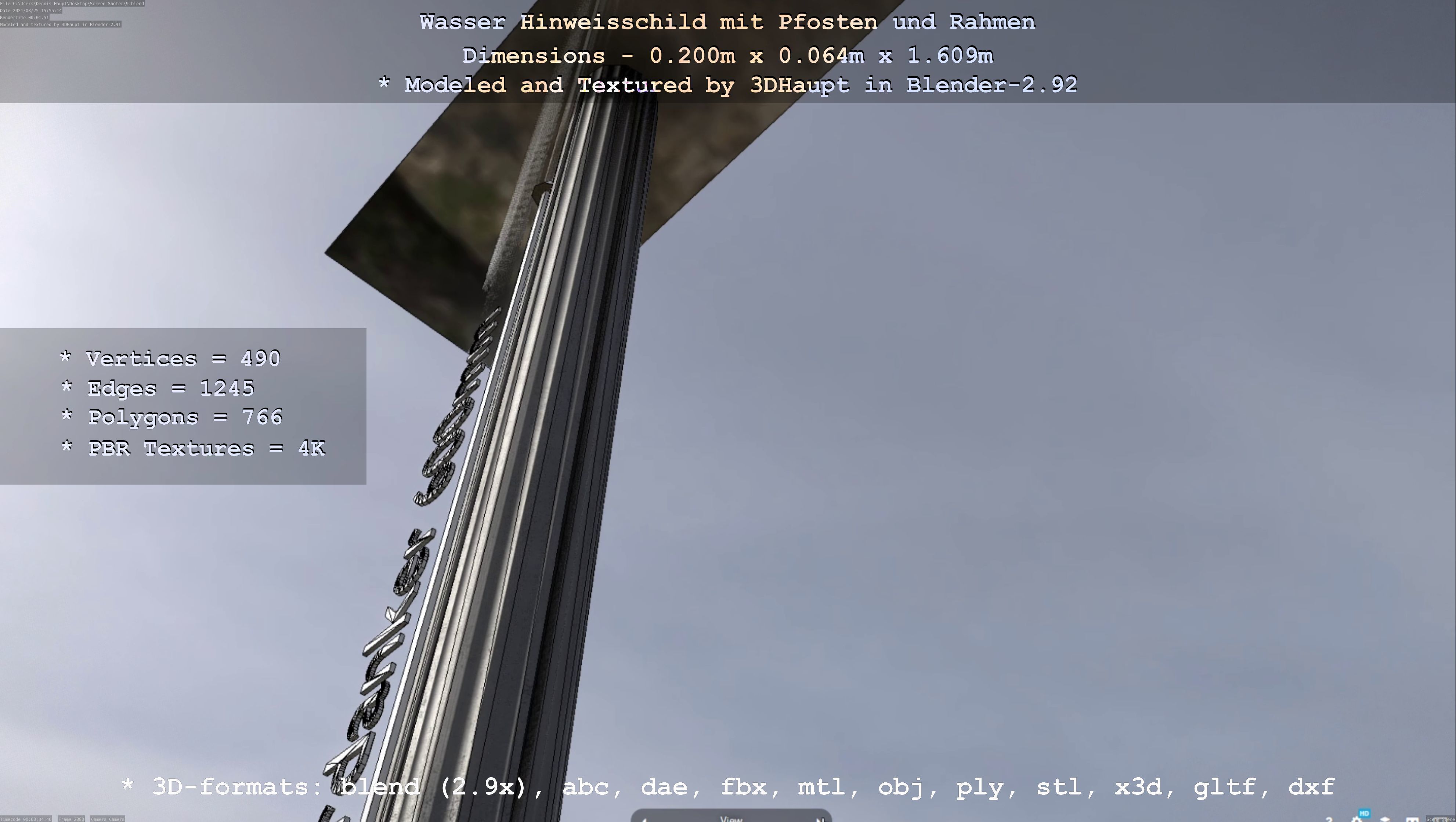 Hinweisschild Wasser mit Pfosten und Rahmen Low-poly 3D model_103