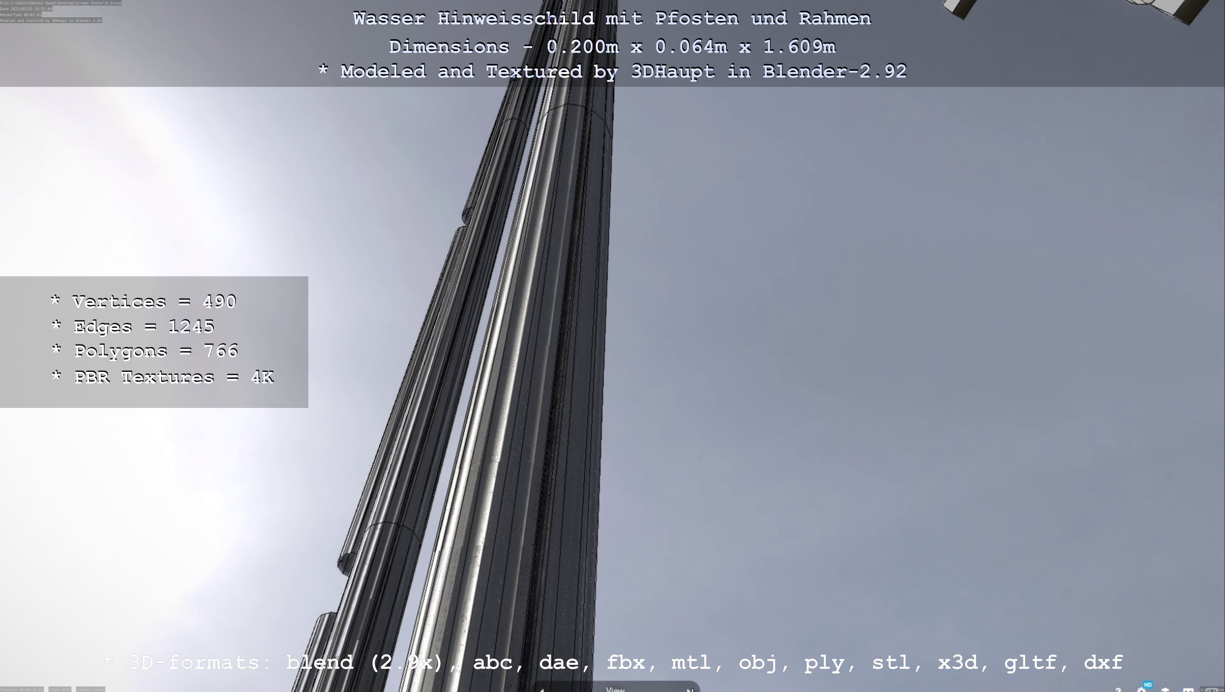 Hinweisschild Wasser mit Pfosten und Rahmen Low-poly 3D model_100