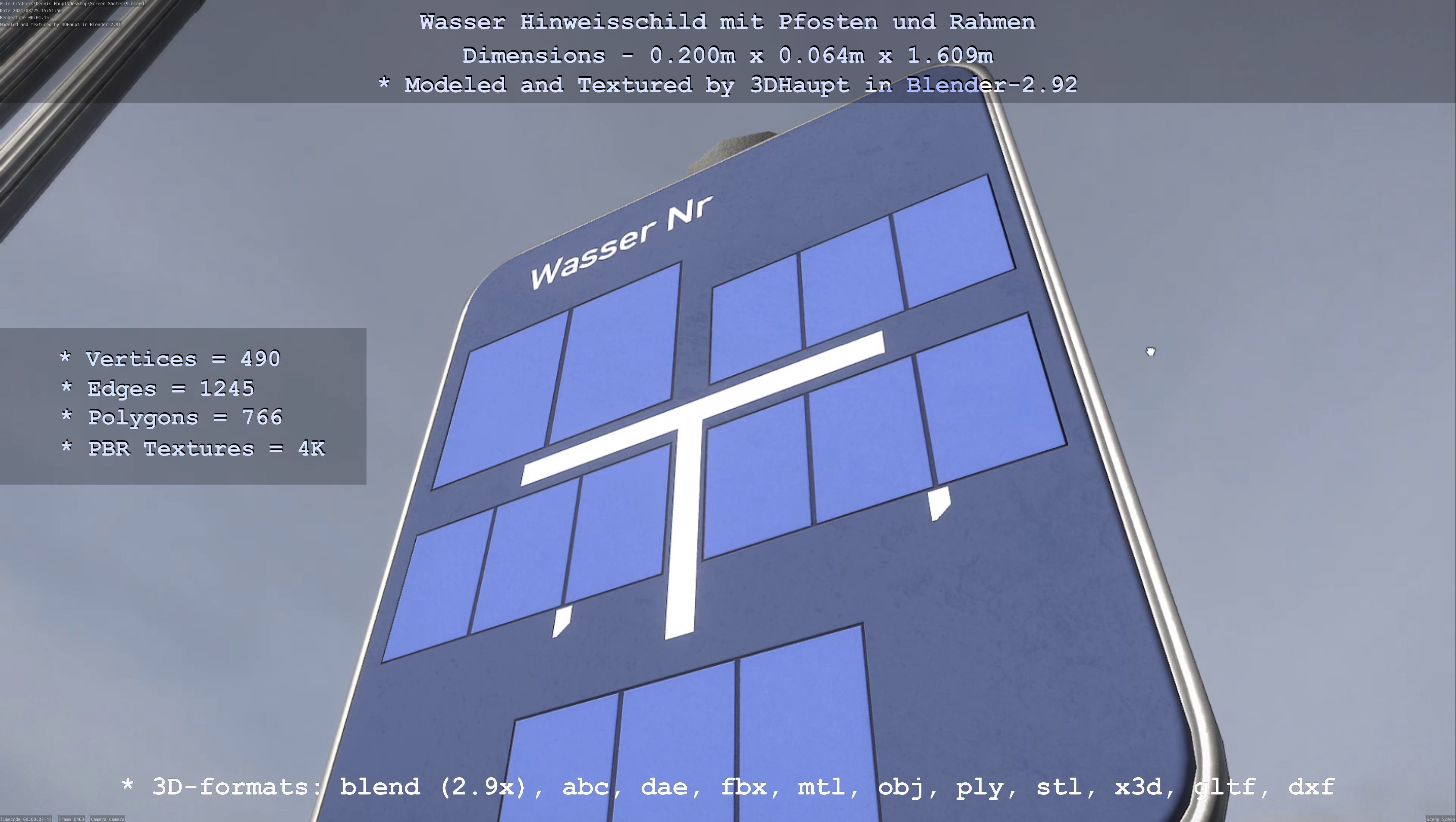 Hinweisschild Wasser mit Pfosten und Rahmen Low-poly 3D model_42
