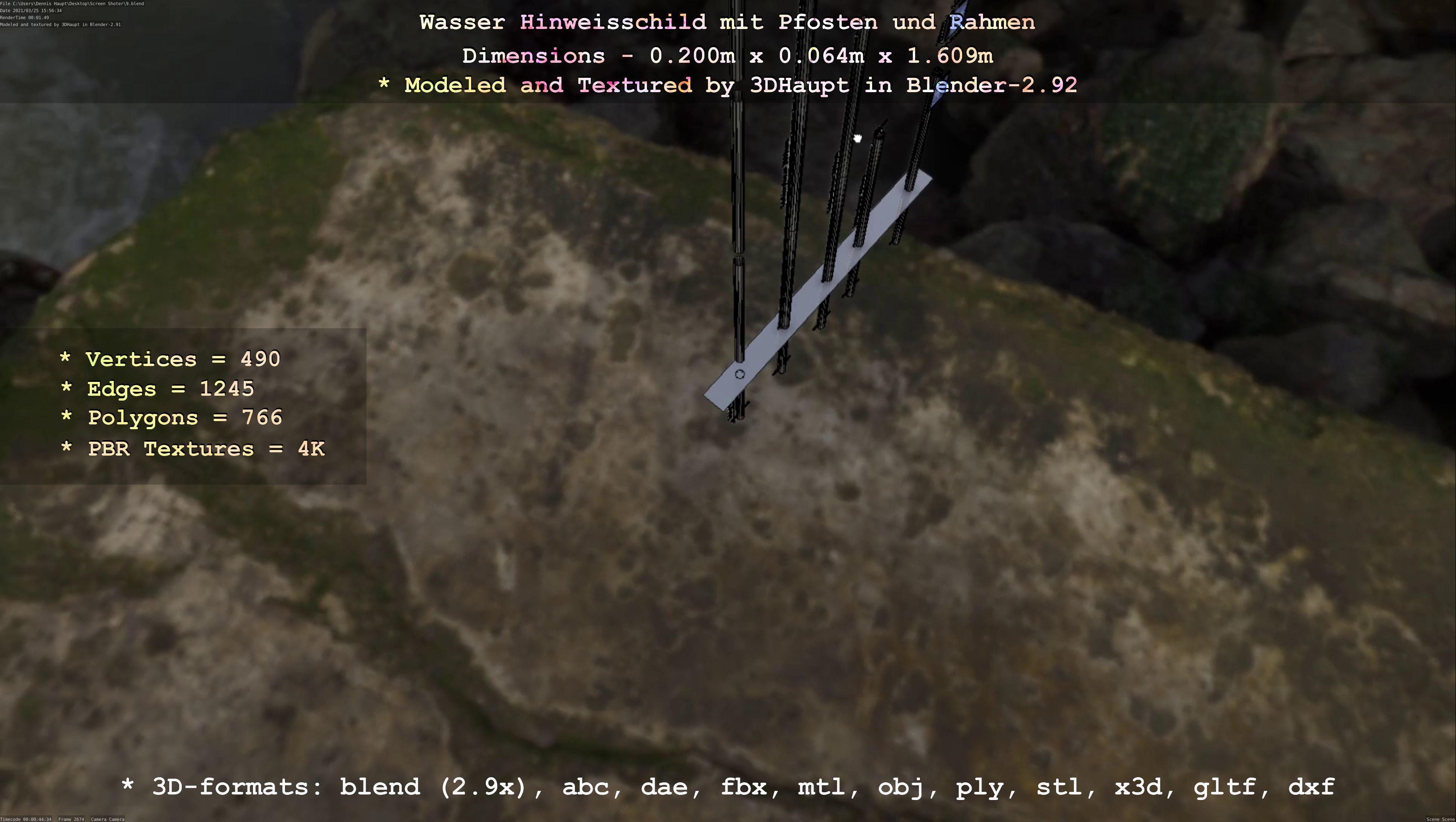 Hinweisschild Wasser mit Pfosten und Rahmen Low-poly 3D model_125