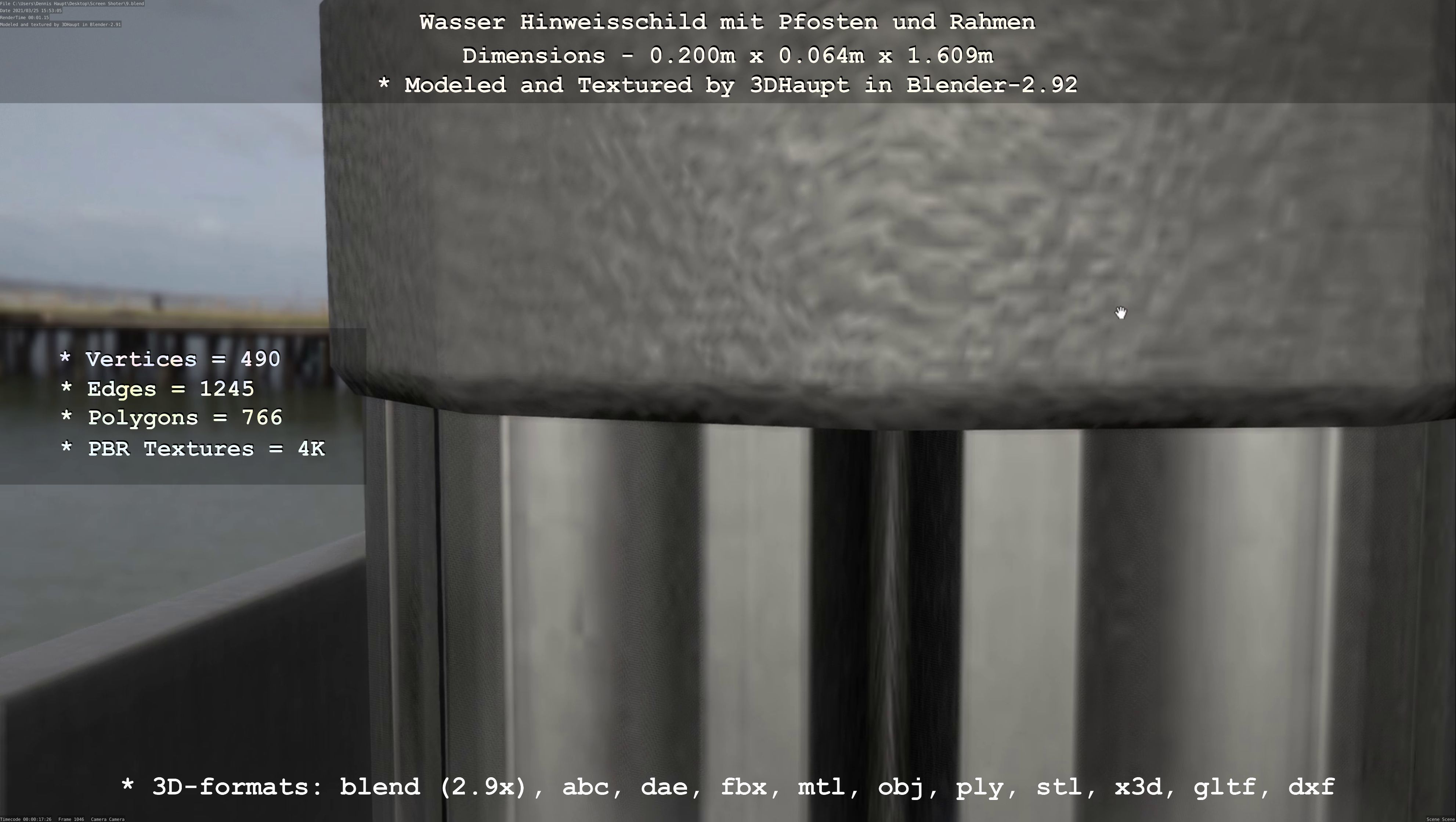 Hinweisschild Wasser mit Pfosten und Rahmen Low-poly 3D model_63