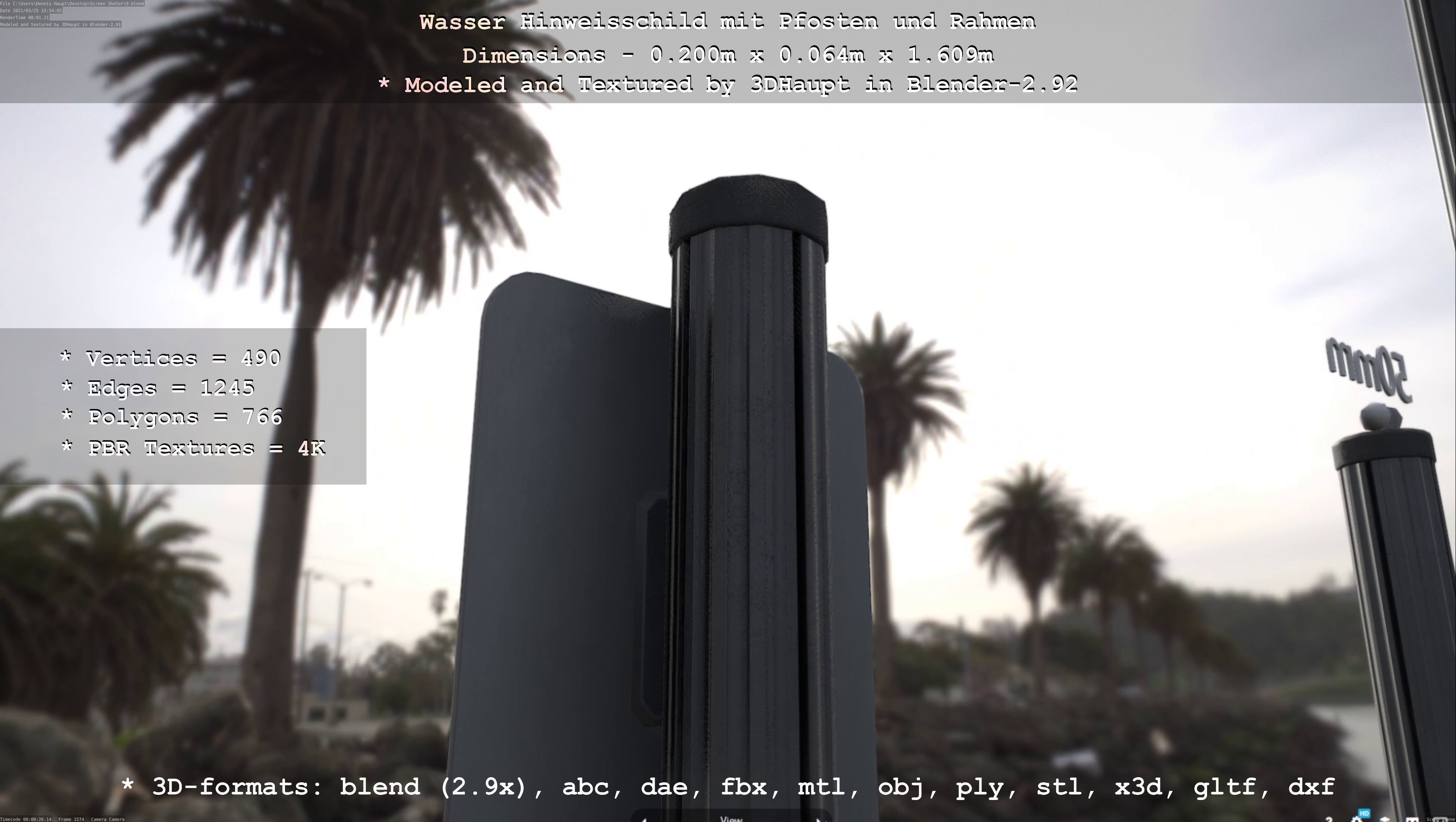 Hinweisschild Wasser mit Pfosten und Rahmen Low-poly 3D model_81