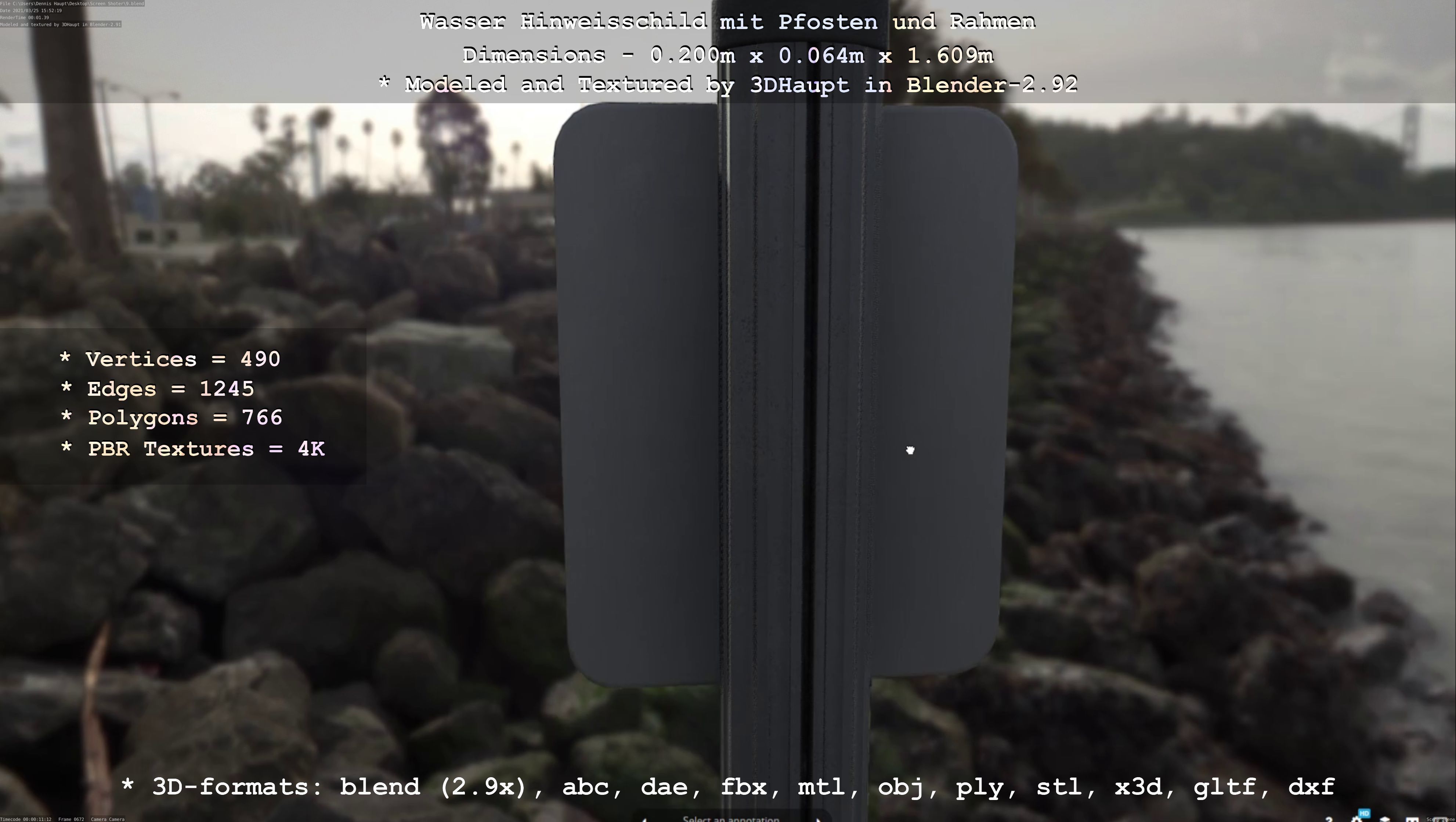 Hinweisschild Wasser mit Pfosten und Rahmen Low-poly 3D model_36