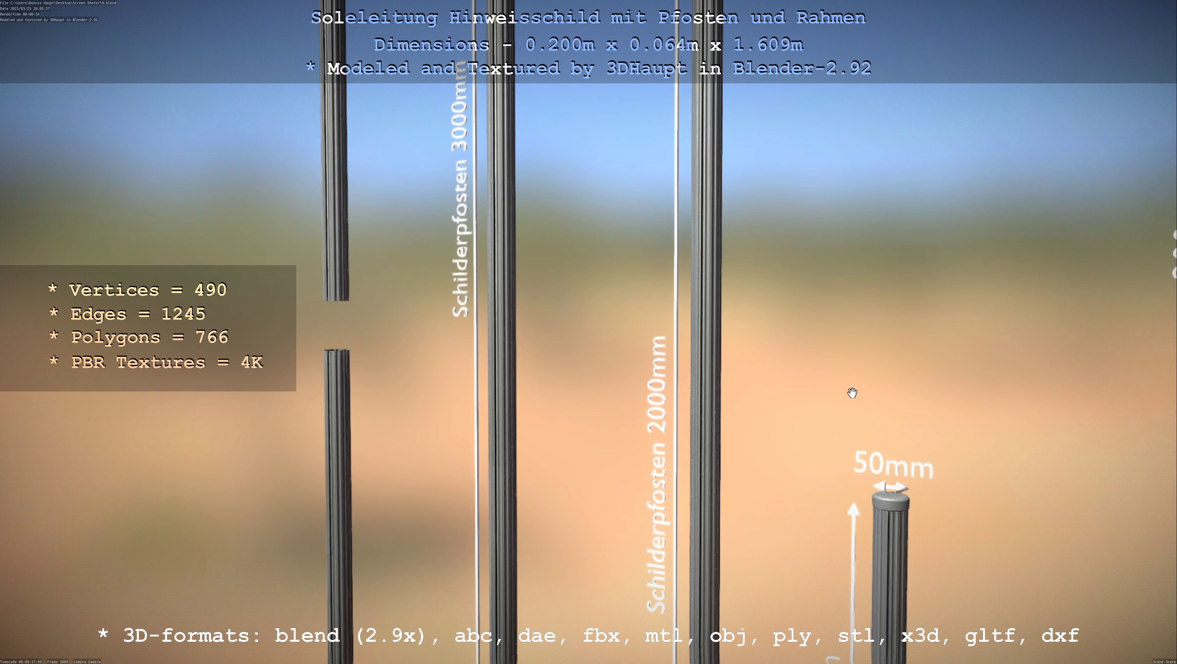 Hinweisschild Soleleitung mit Pfosten und Rahmen Low-poly 3D model_121