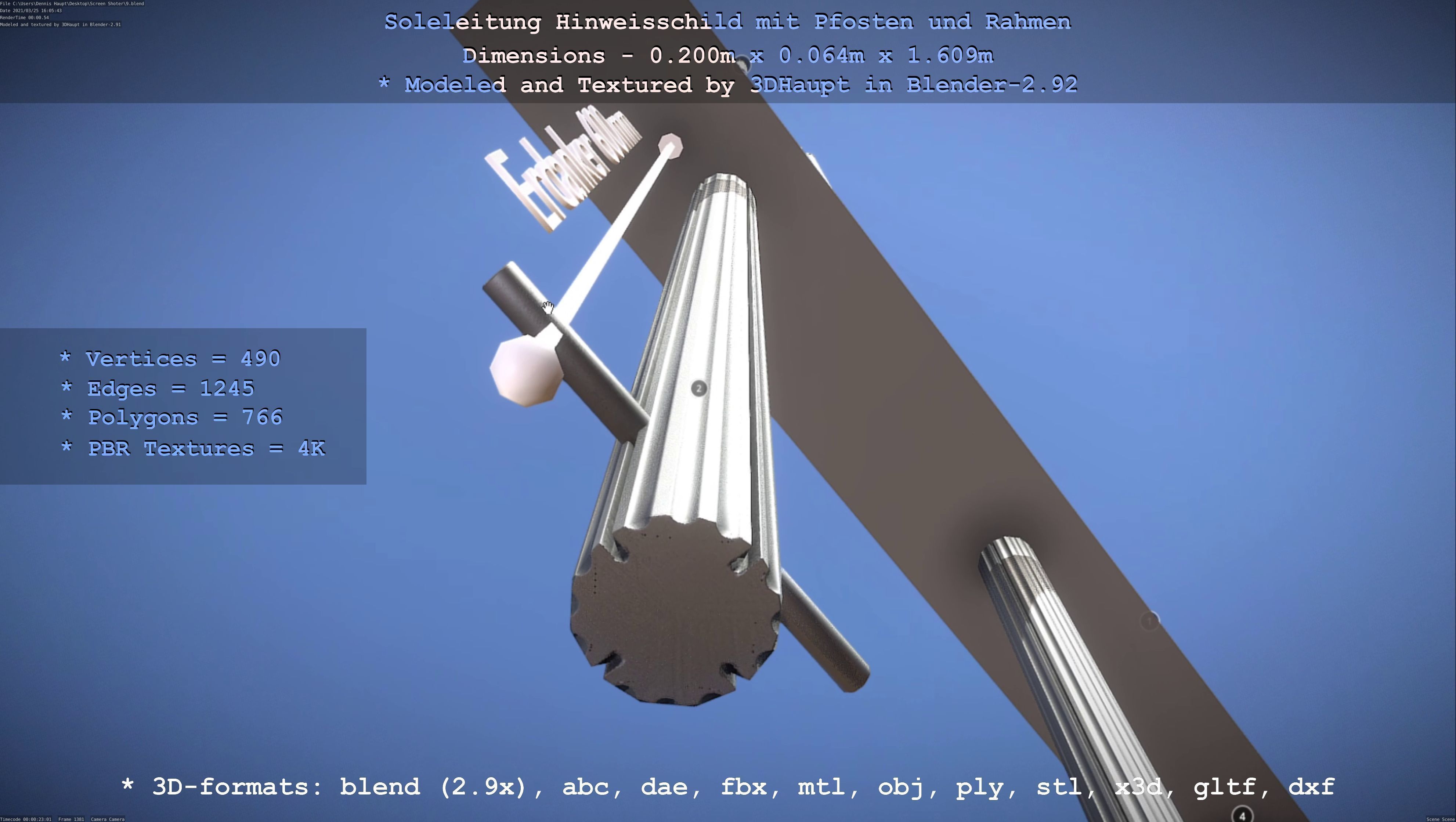 Hinweisschild Soleleitung mit Pfosten und Rahmen Low-poly 3D model_137