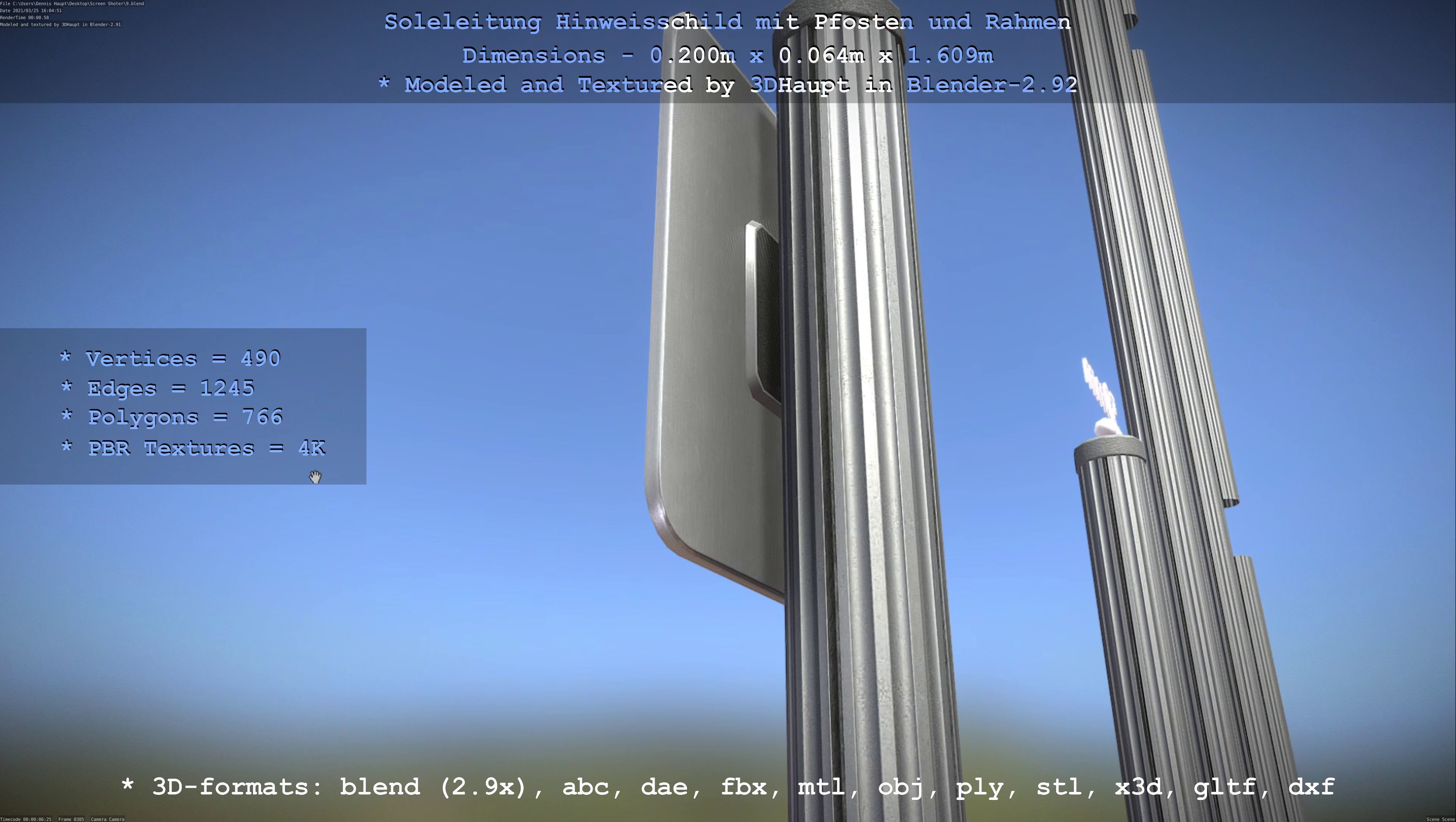 Hinweisschild Soleleitung mit Pfosten und Rahmen Low-poly 3D model_92