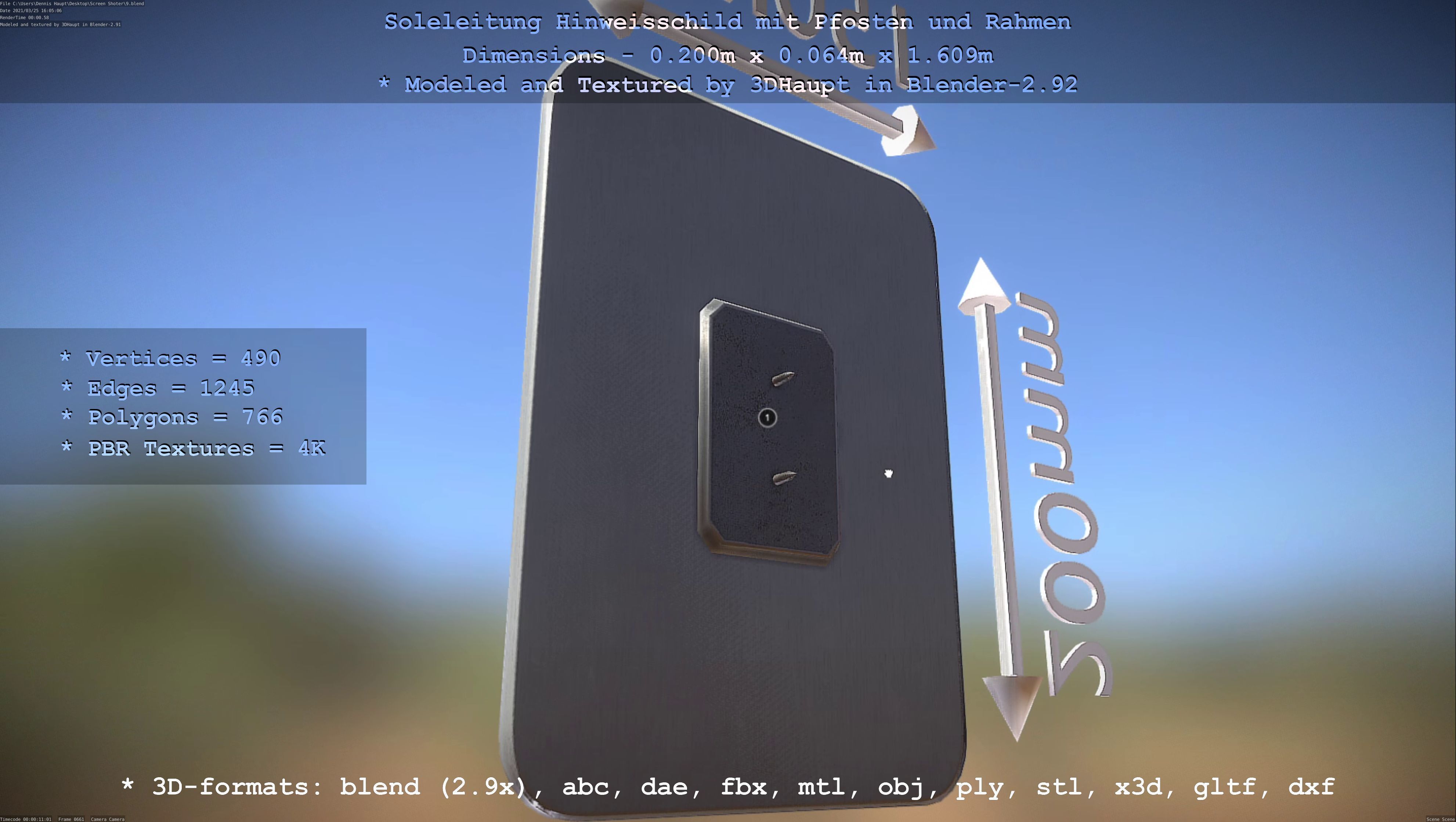 Hinweisschild Soleleitung mit Pfosten und Rahmen Low-poly 3D model_101