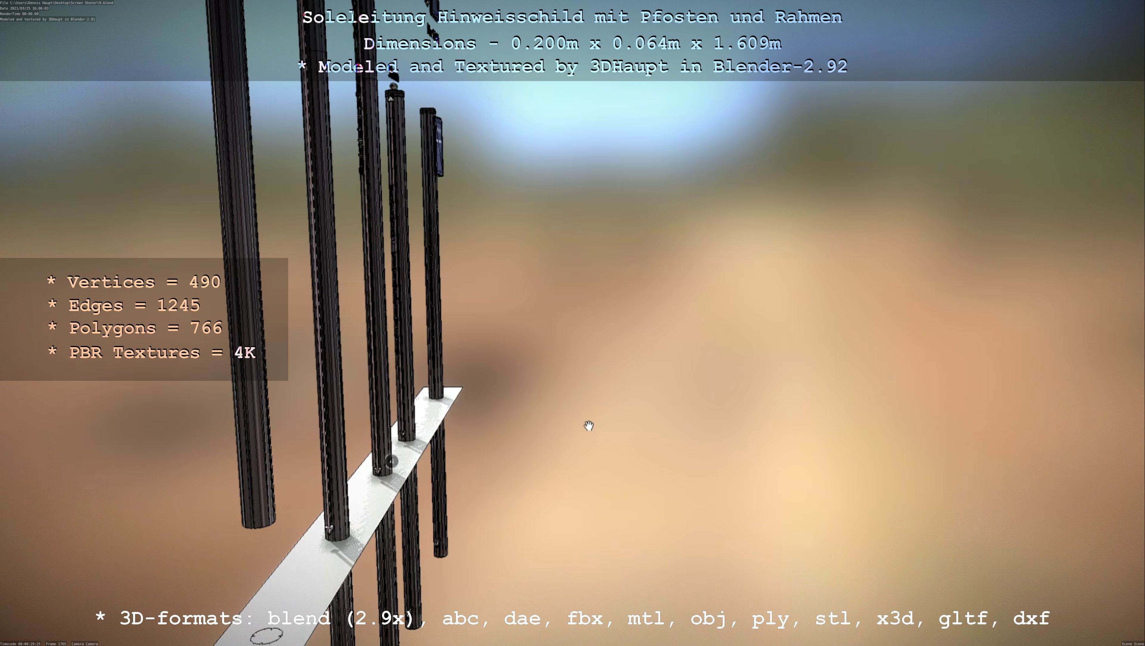 Hinweisschild Soleleitung mit Pfosten und Rahmen Low-poly 3D model_46