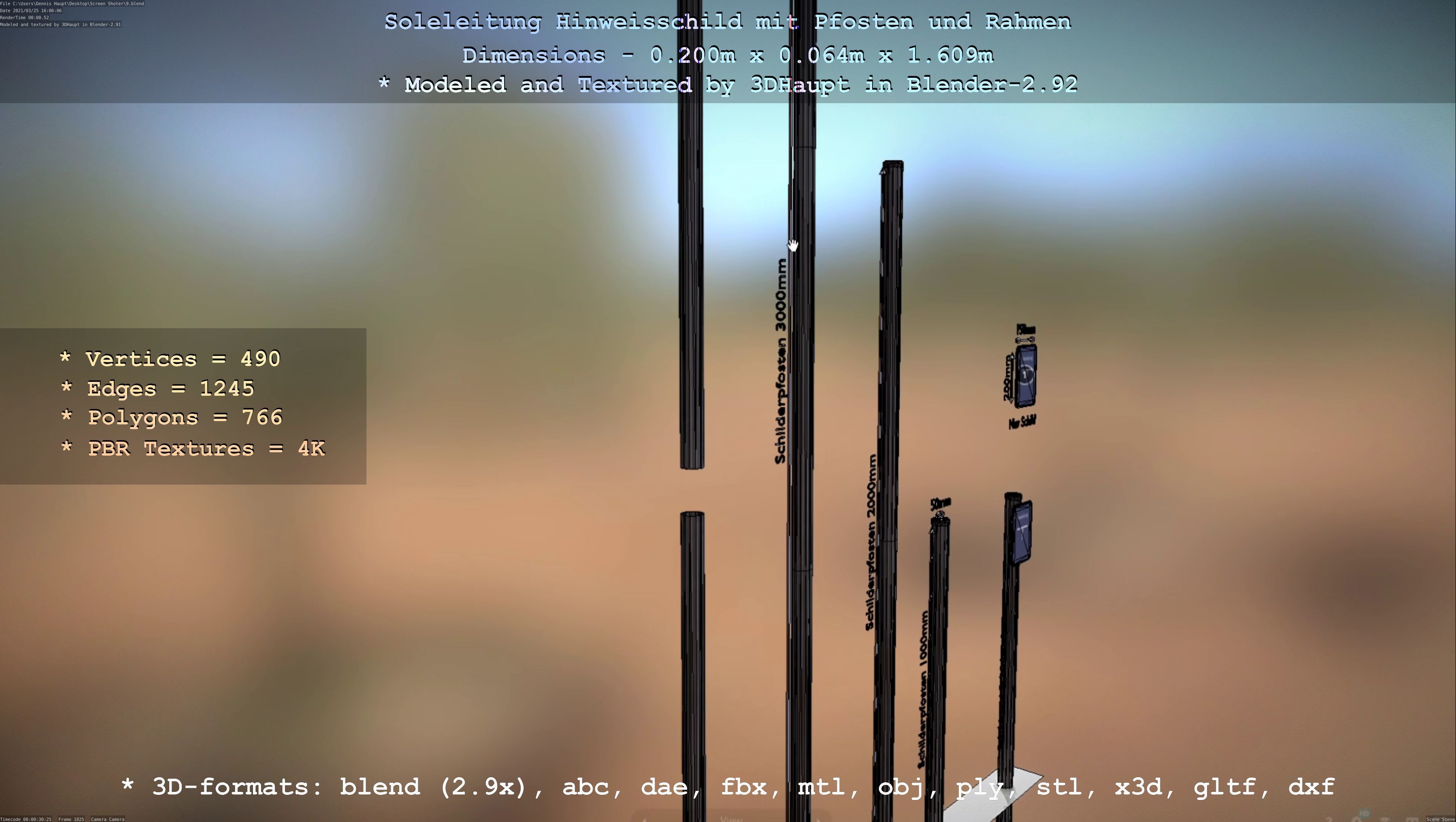 Hinweisschild Soleleitung mit Pfosten und Rahmen Low-poly 3D model_51