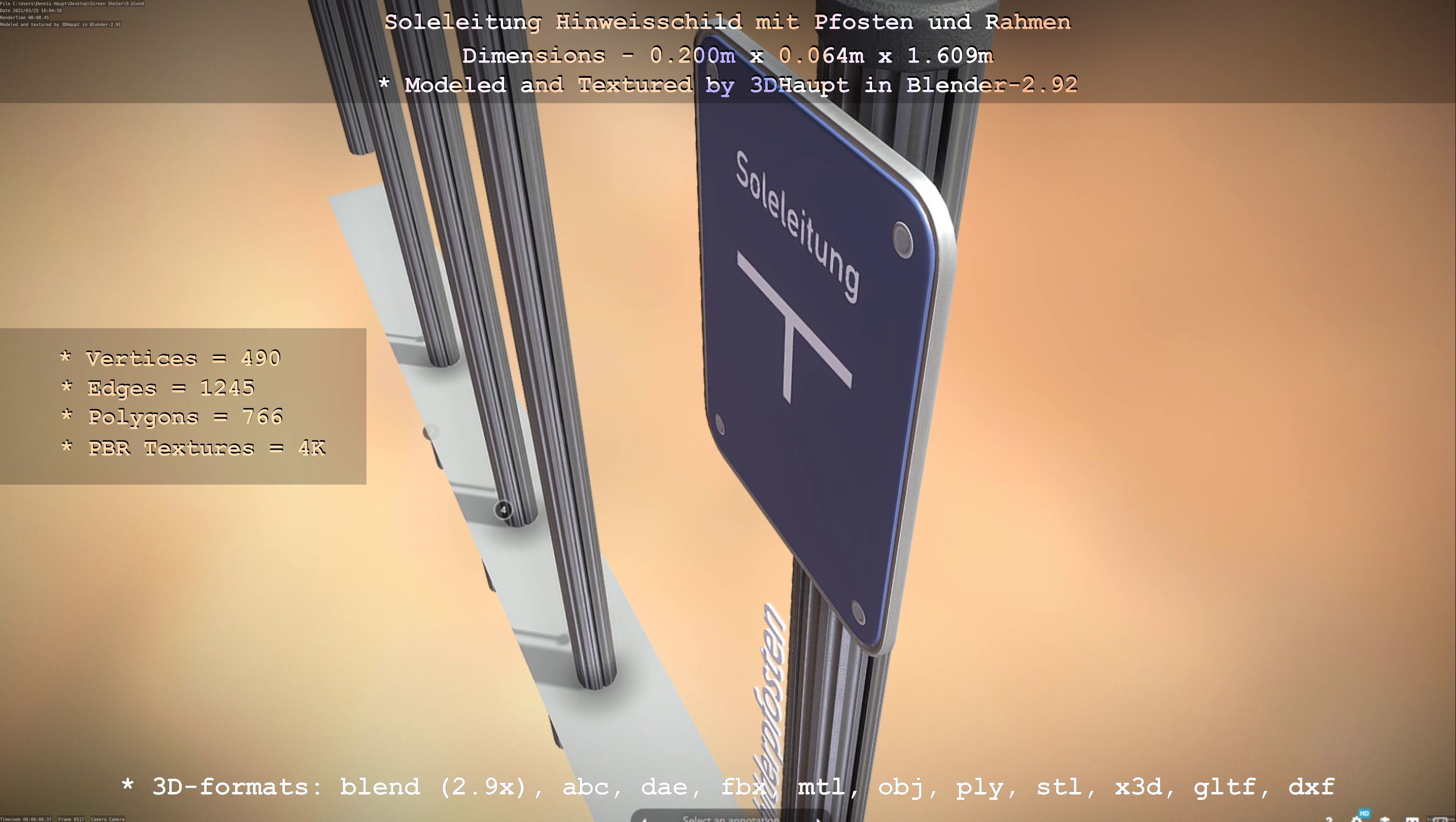 Hinweisschild Soleleitung mit Pfosten und Rahmen Low-poly 3D model_36