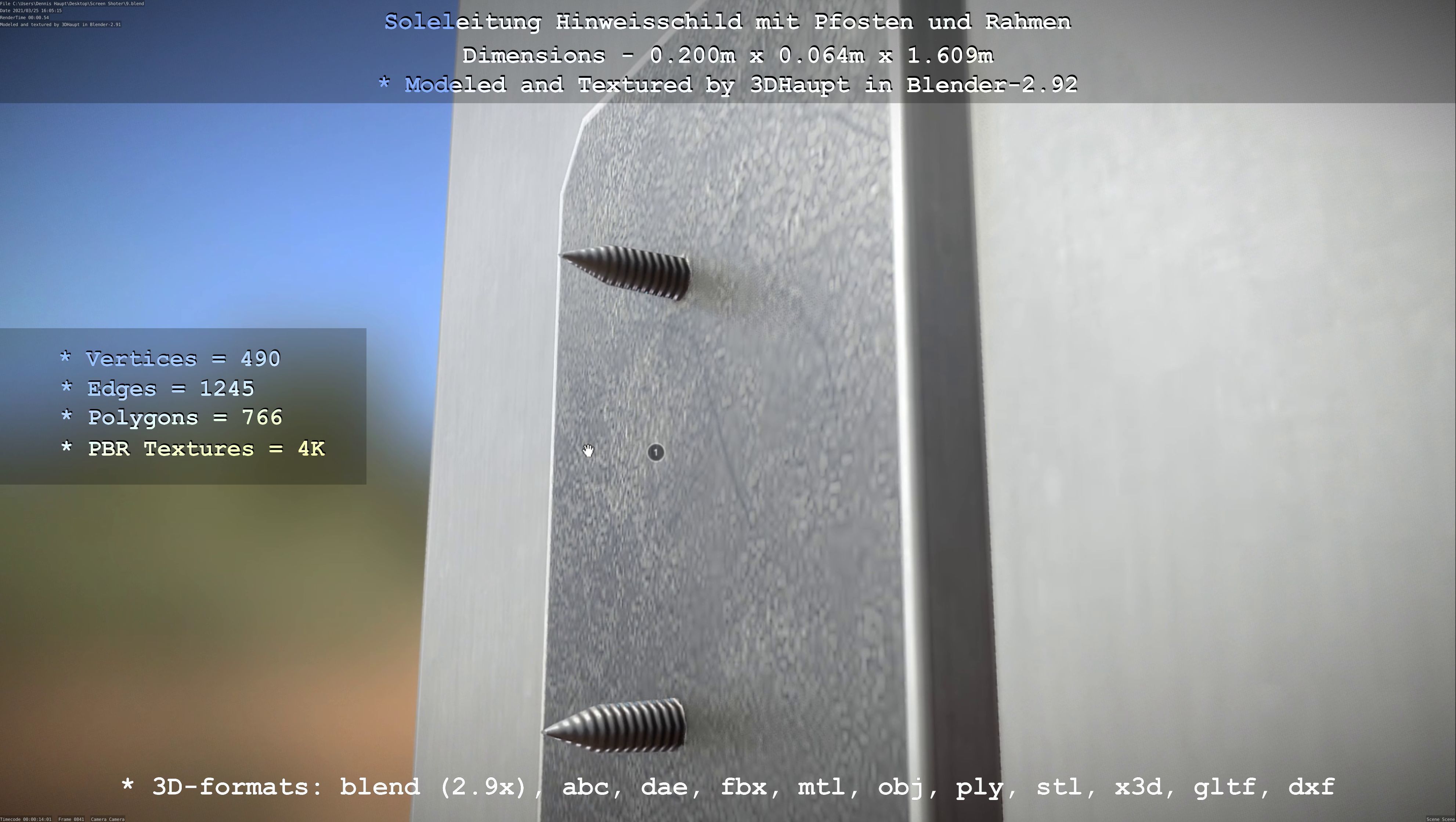 Hinweisschild Soleleitung mit Pfosten und Rahmen Low-poly 3D model_9