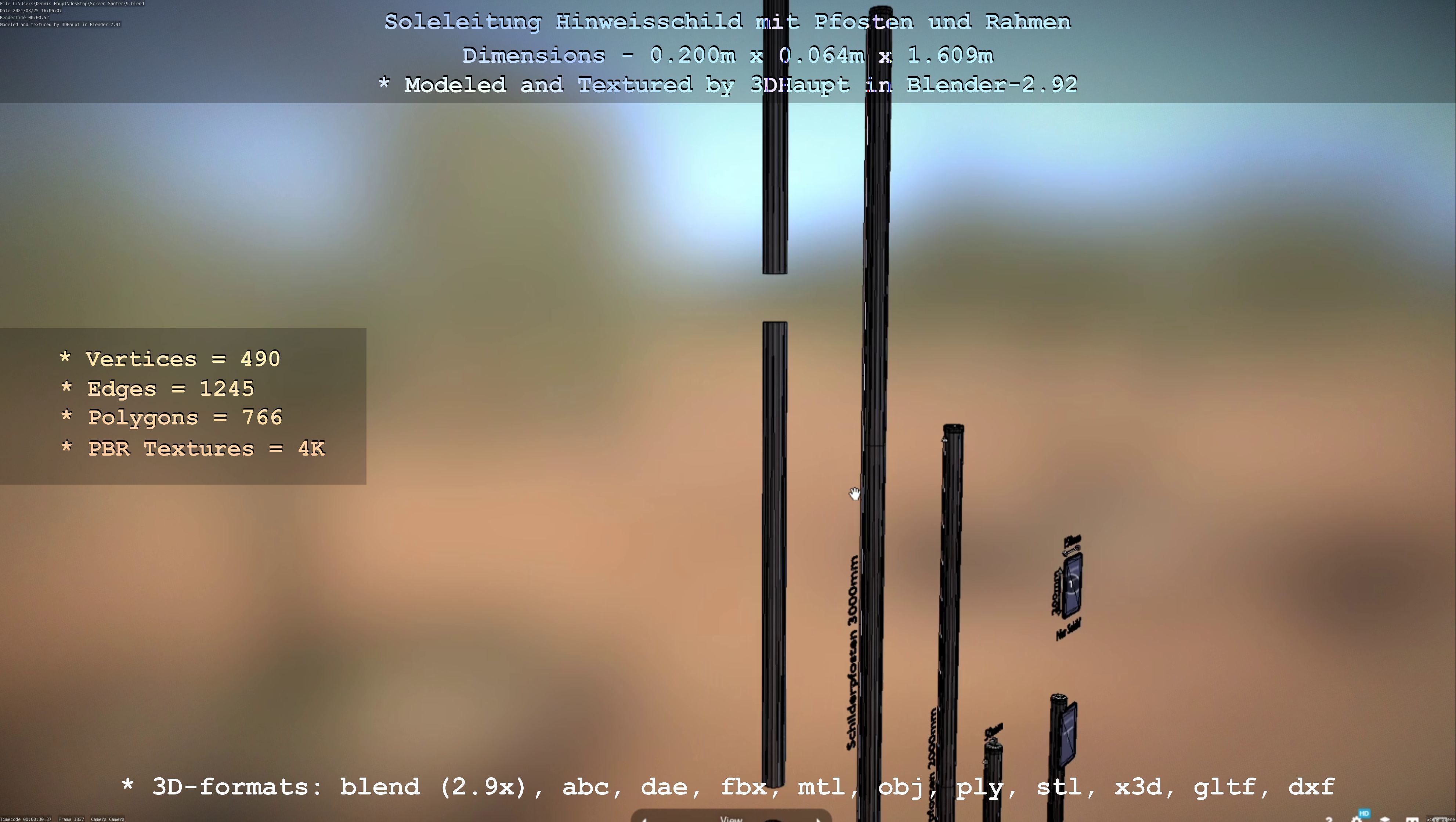 Hinweisschild Soleleitung mit Pfosten und Rahmen Low-poly 3D model_52