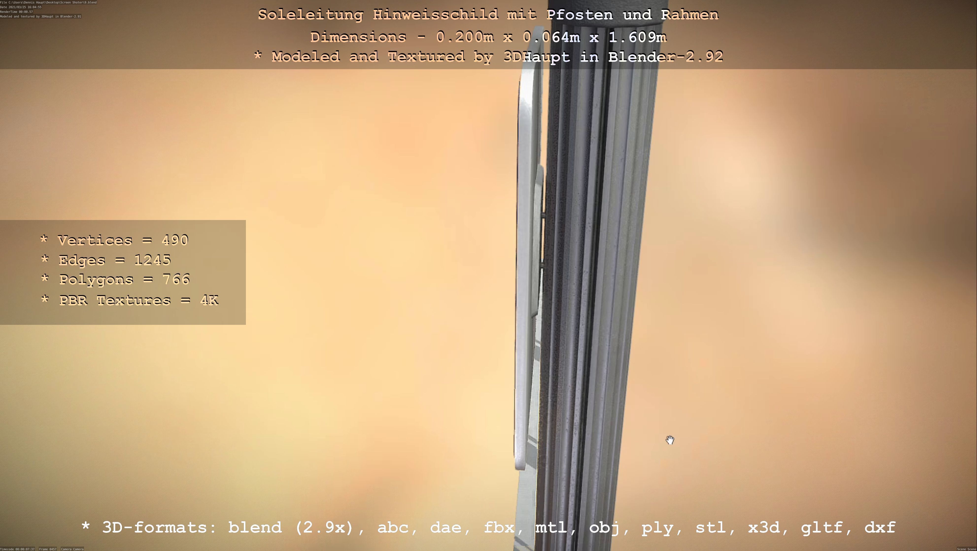 Hinweisschild Soleleitung mit Pfosten und Rahmen Low-poly 3D model_94