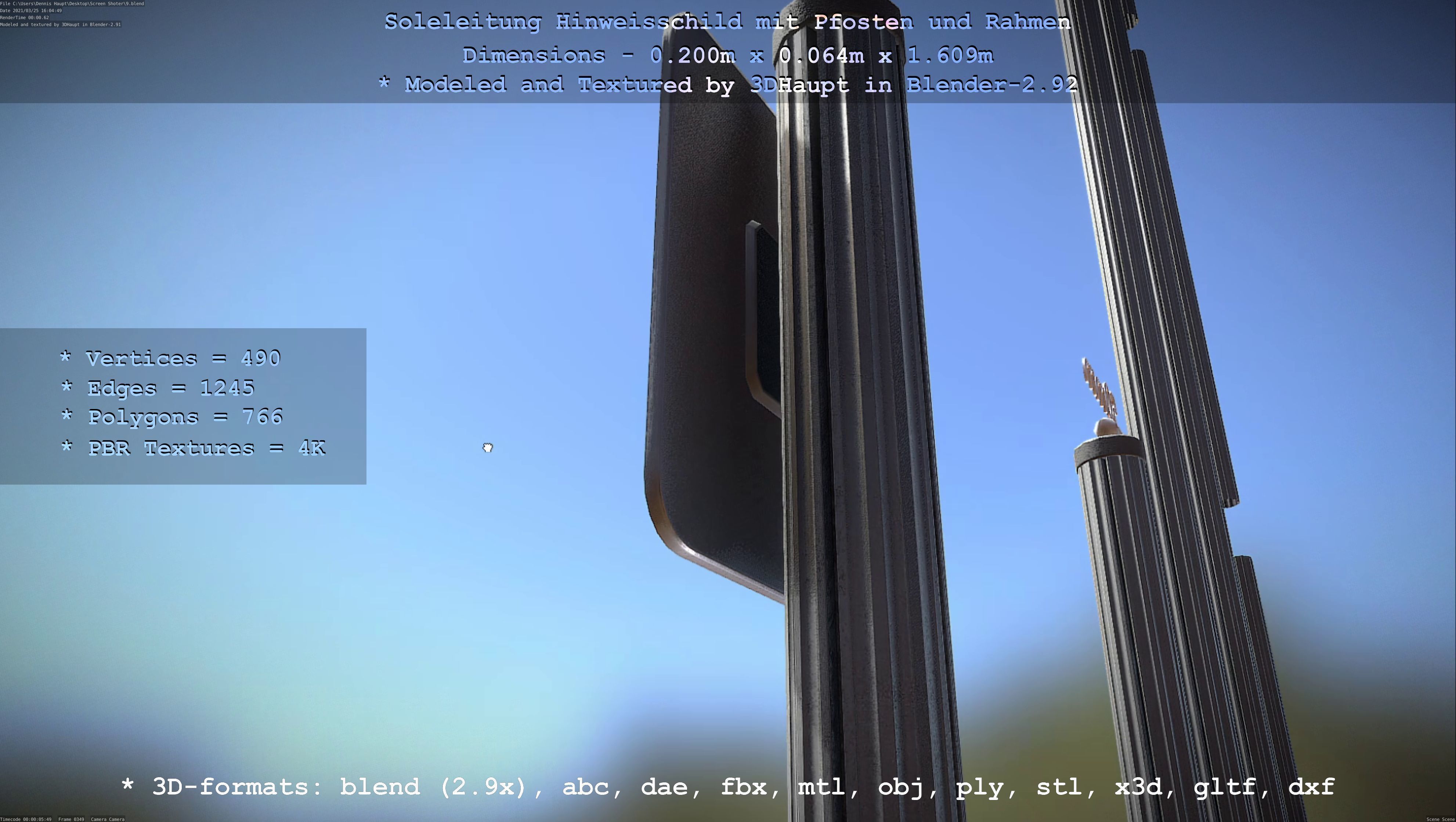 Hinweisschild Soleleitung mit Pfosten und Rahmen Low-poly 3D model_31