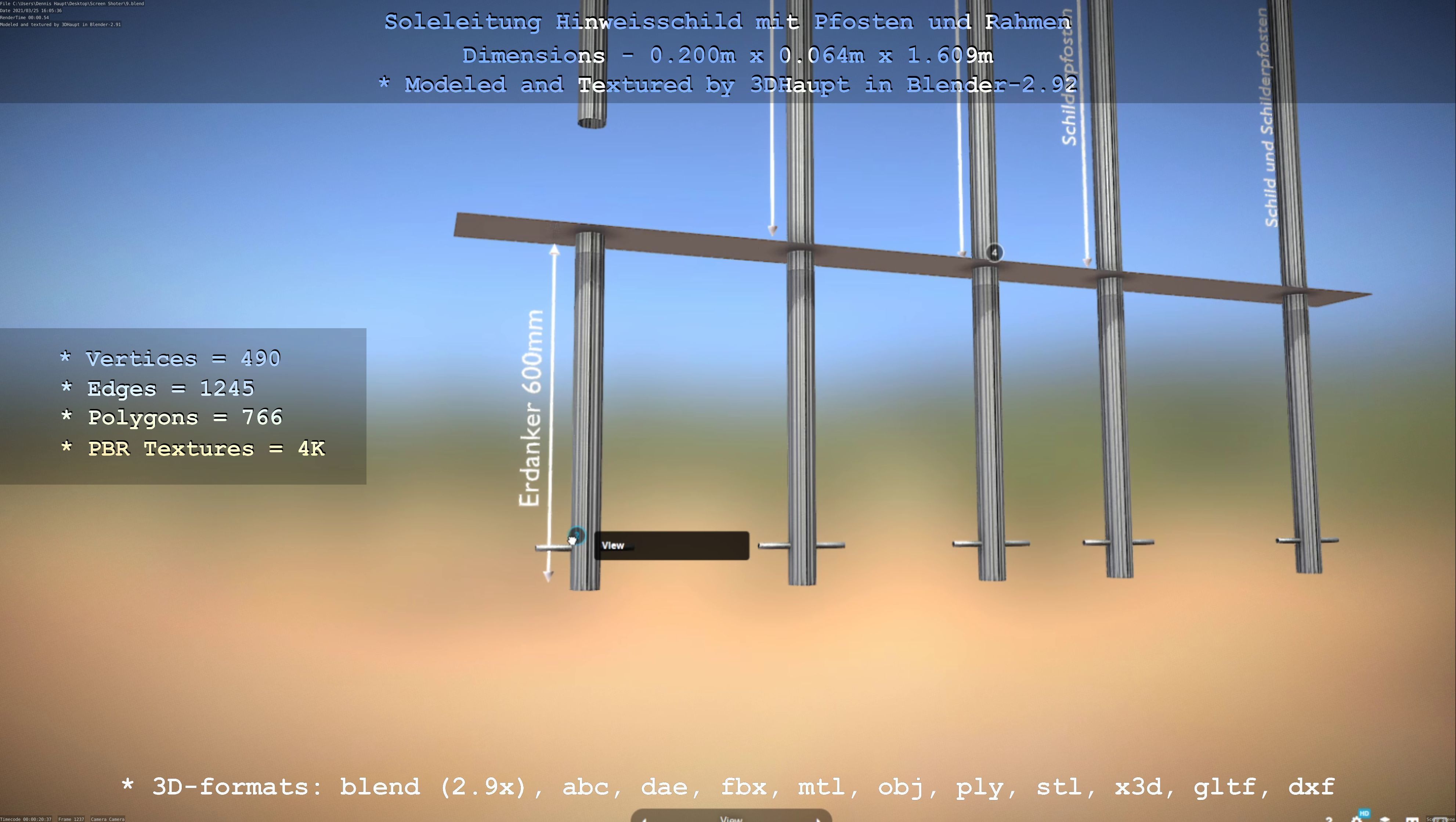 Hinweisschild Soleleitung mit Pfosten und Rahmen Low-poly 3D model_17