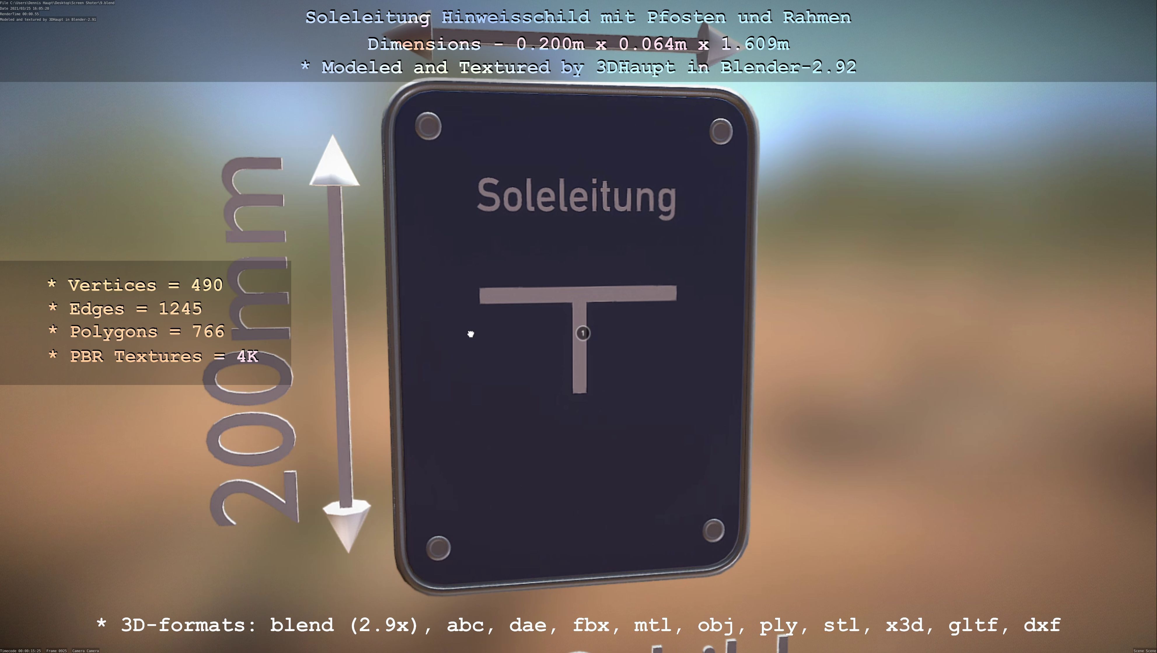 Hinweisschild Soleleitung mit Pfosten und Rahmen Low-poly 3D model_112