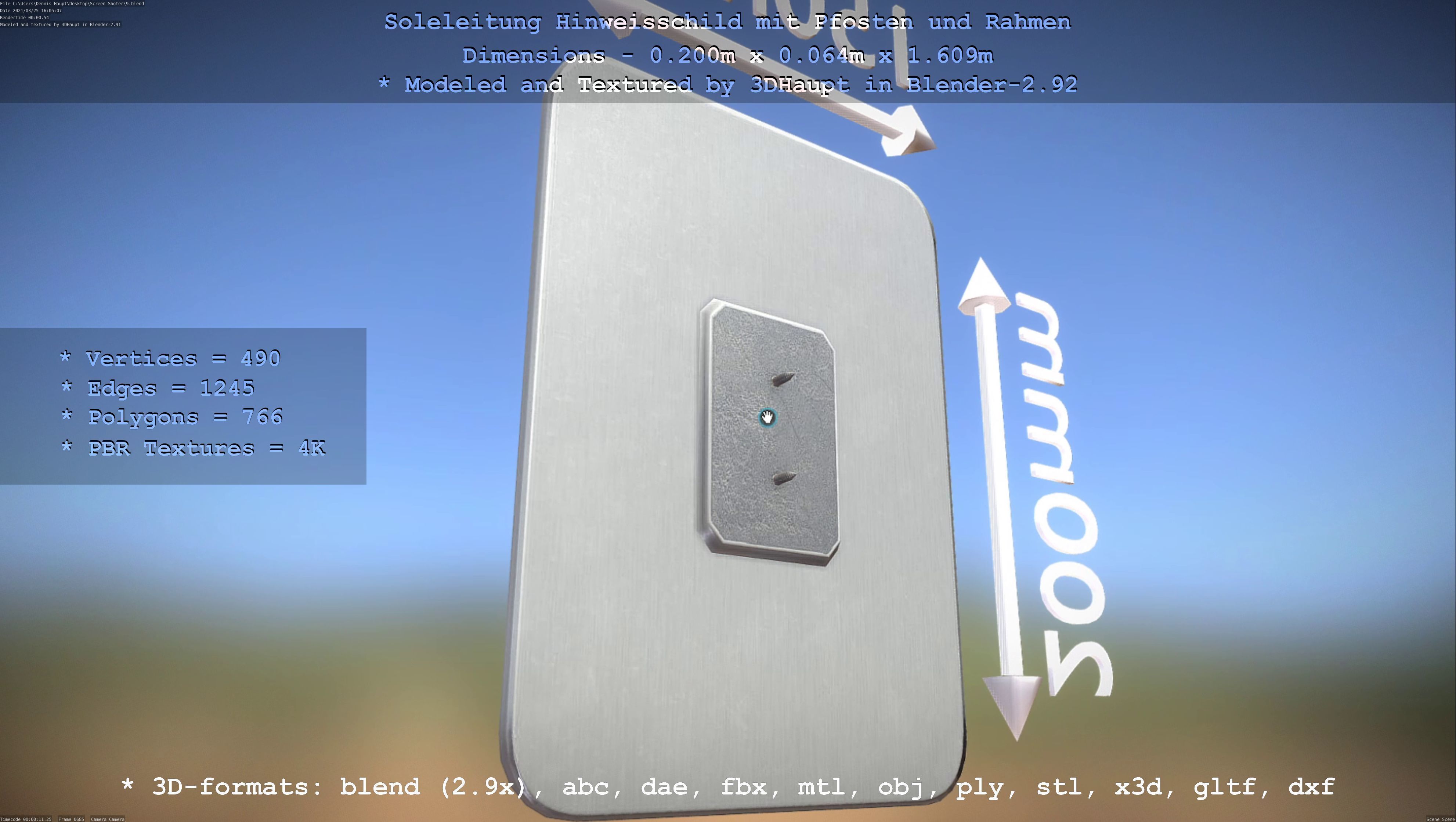 Hinweisschild Soleleitung mit Pfosten und Rahmen Low-poly 3D model_103