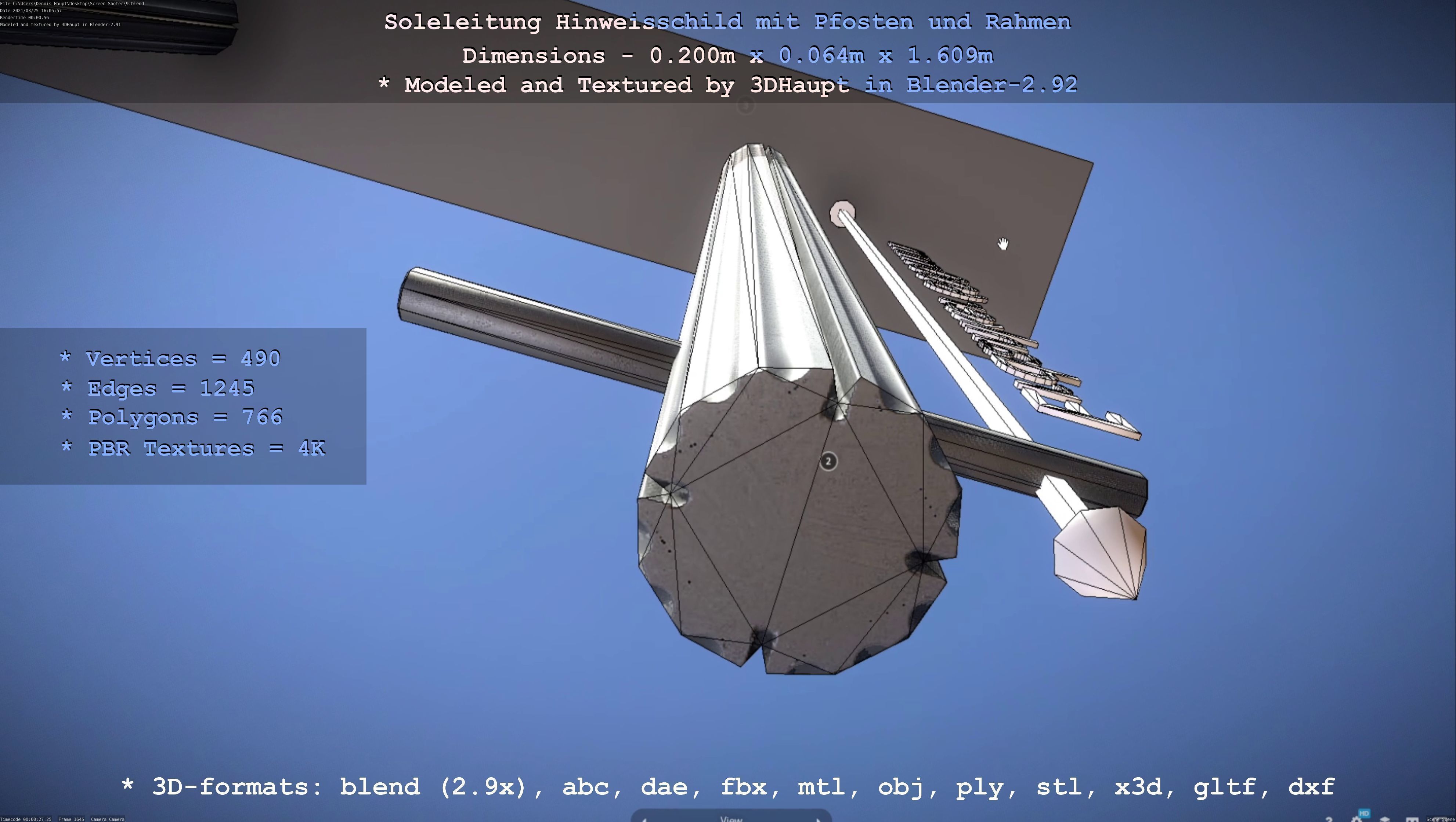 Hinweisschild Soleleitung mit Pfosten und Rahmen Low-poly 3D model_120