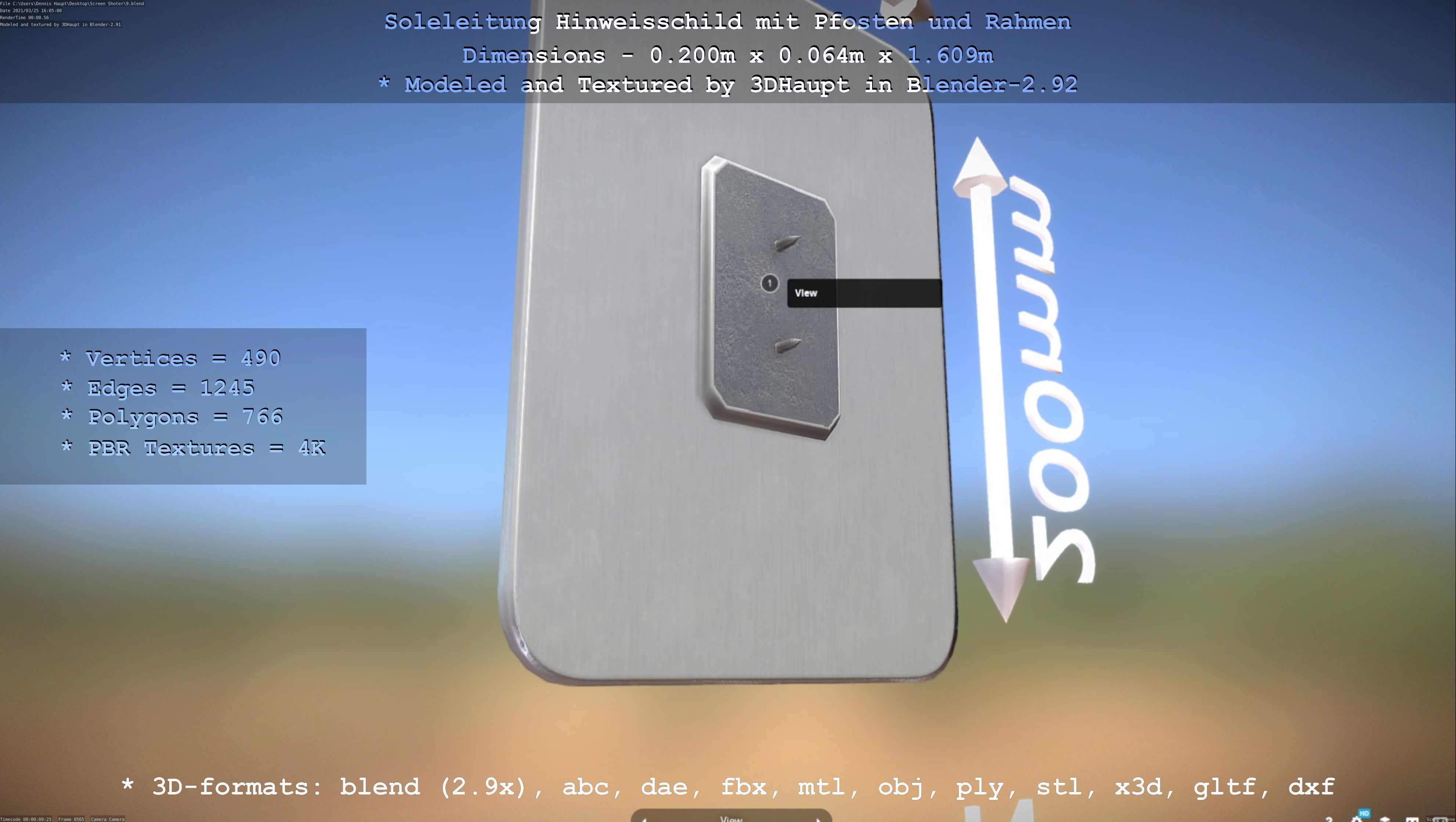 Hinweisschild Soleleitung mit Pfosten und Rahmen Low-poly 3D model_37