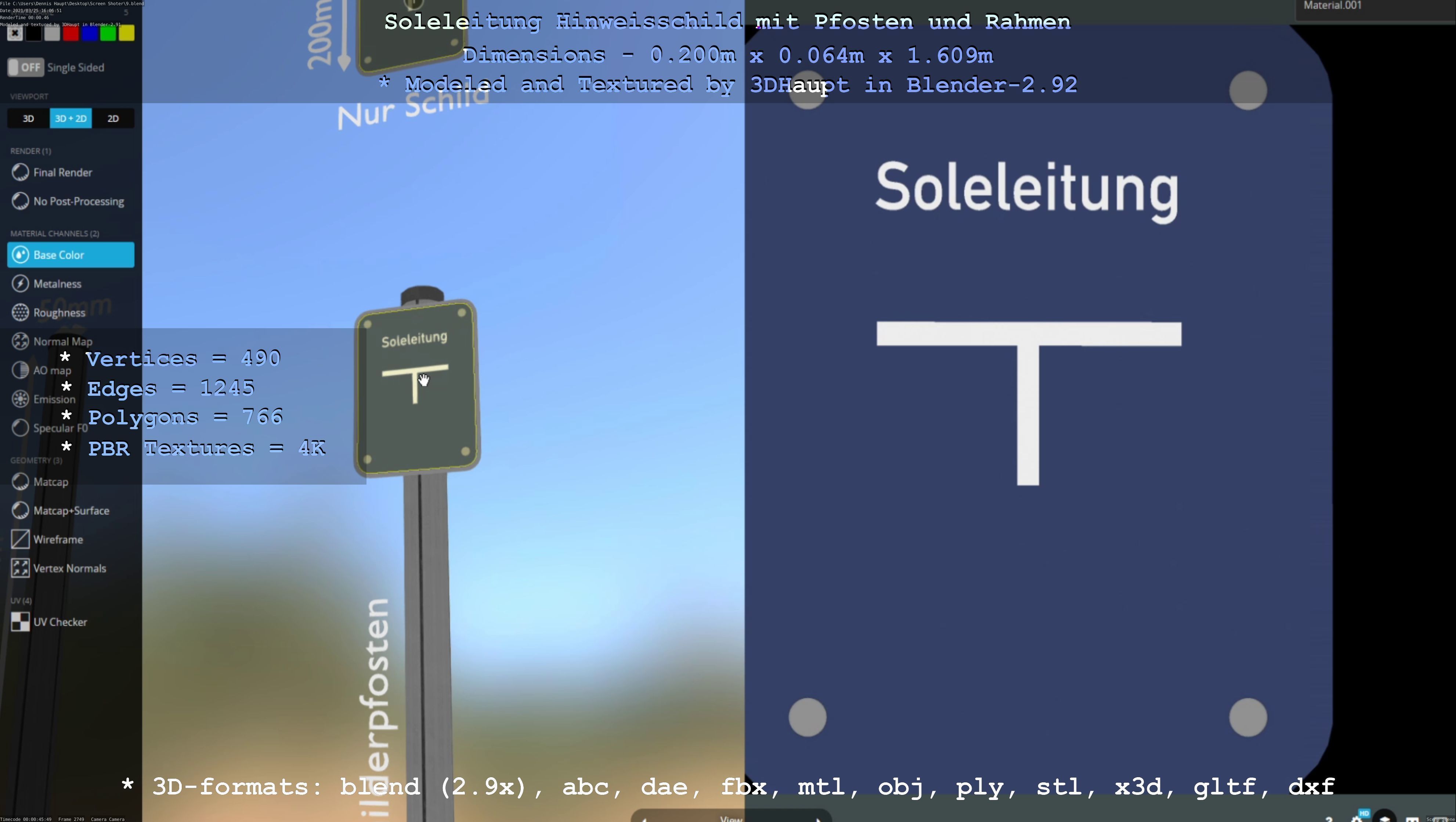 Hinweisschild Soleleitung mit Pfosten und Rahmen Low-poly 3D model_20