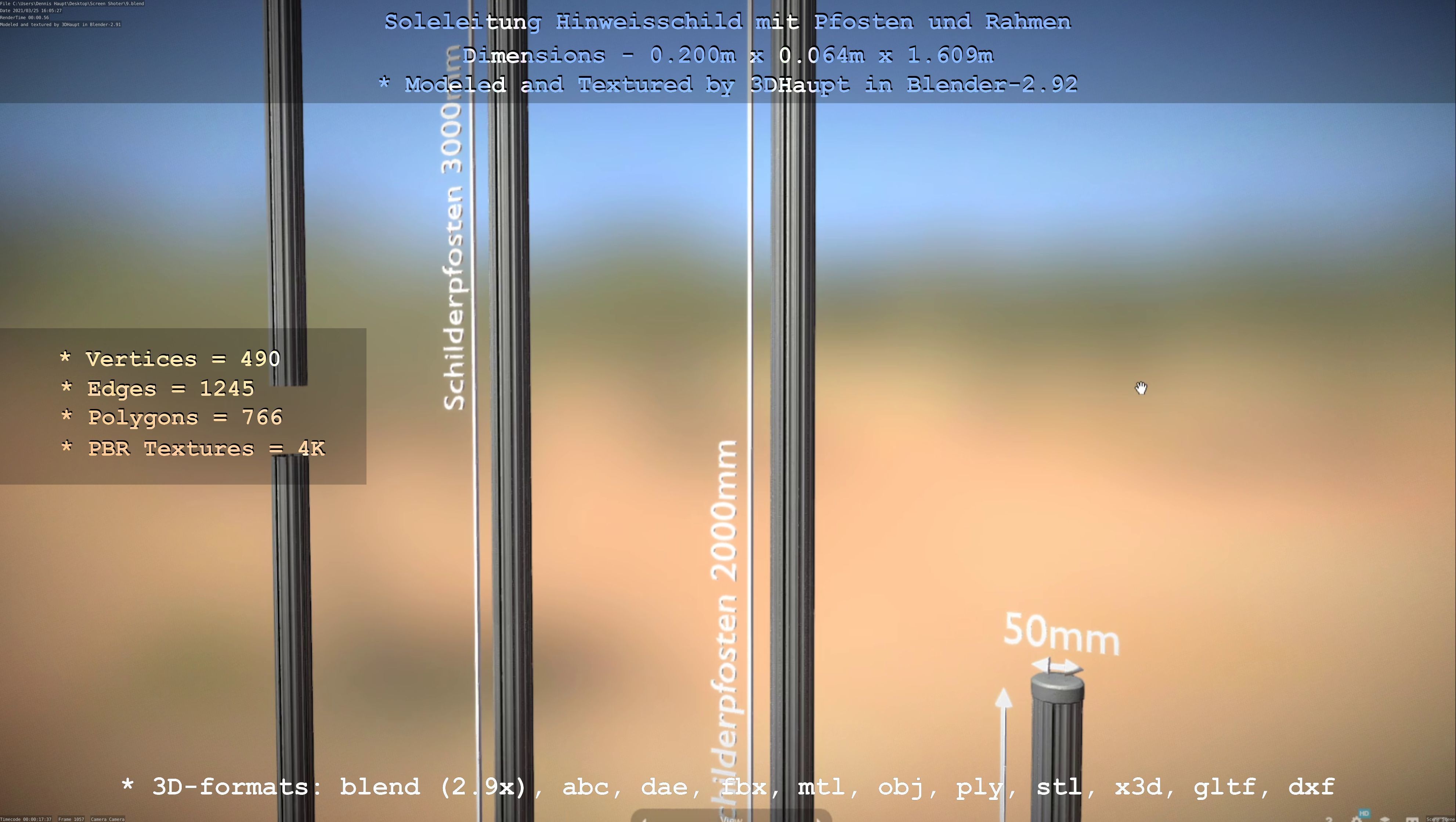 Hinweisschild Soleleitung mit Pfosten und Rahmen Low-poly 3D model_119