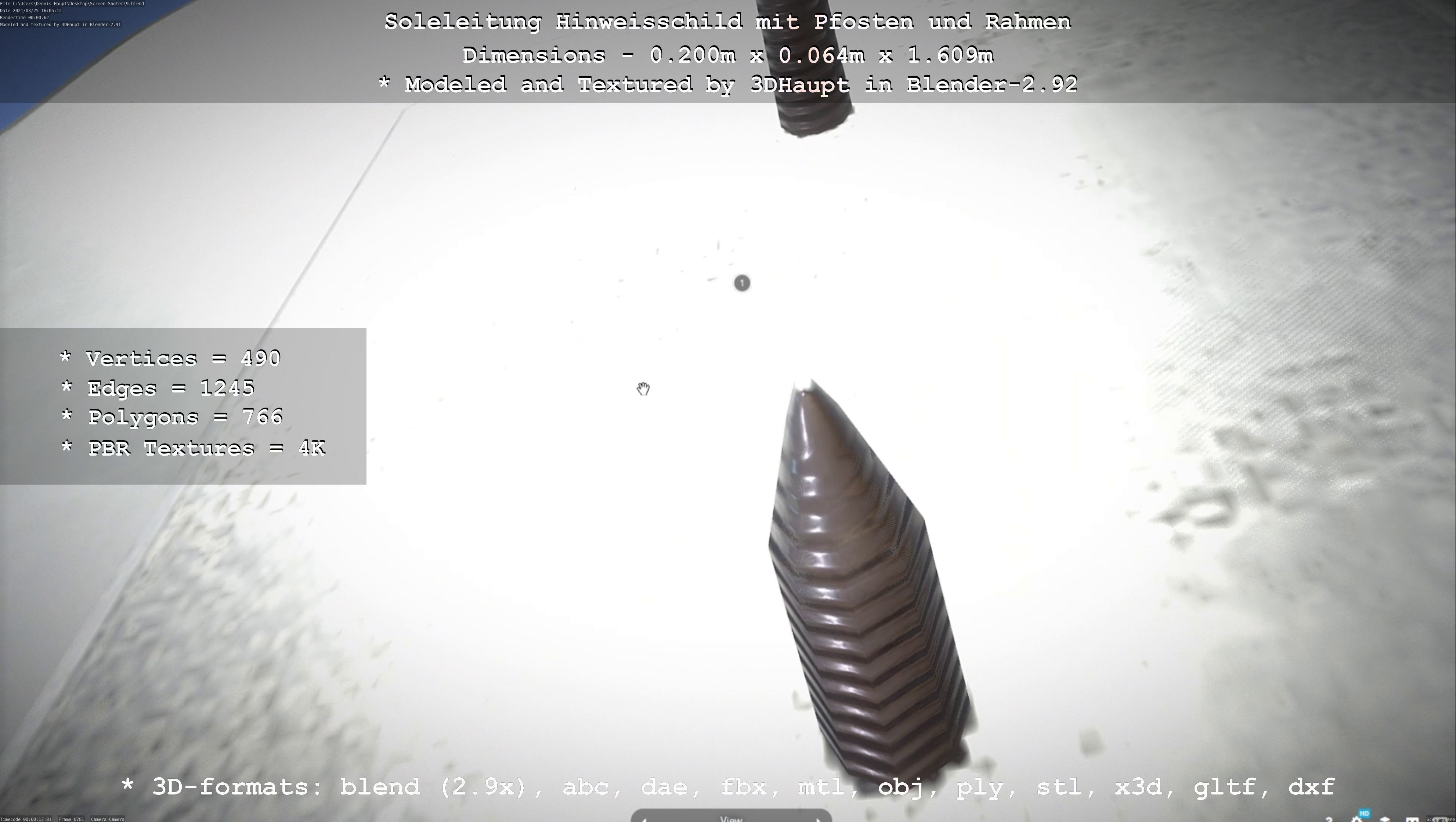 Hinweisschild Soleleitung mit Pfosten und Rahmen Low-poly 3D model_7