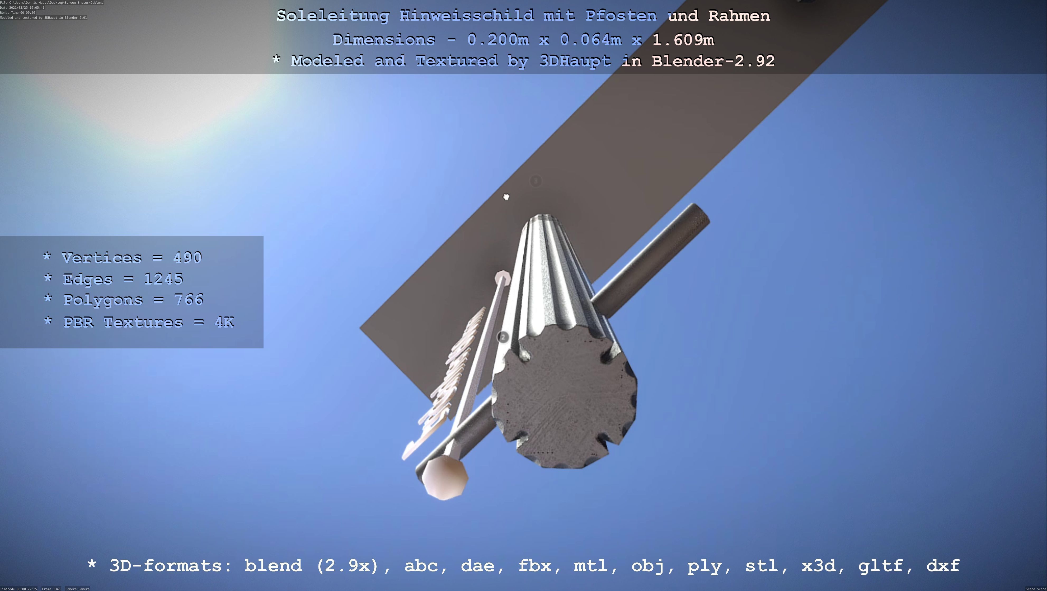 Hinweisschild Soleleitung mit Pfosten und Rahmen Low-poly 3D model_134