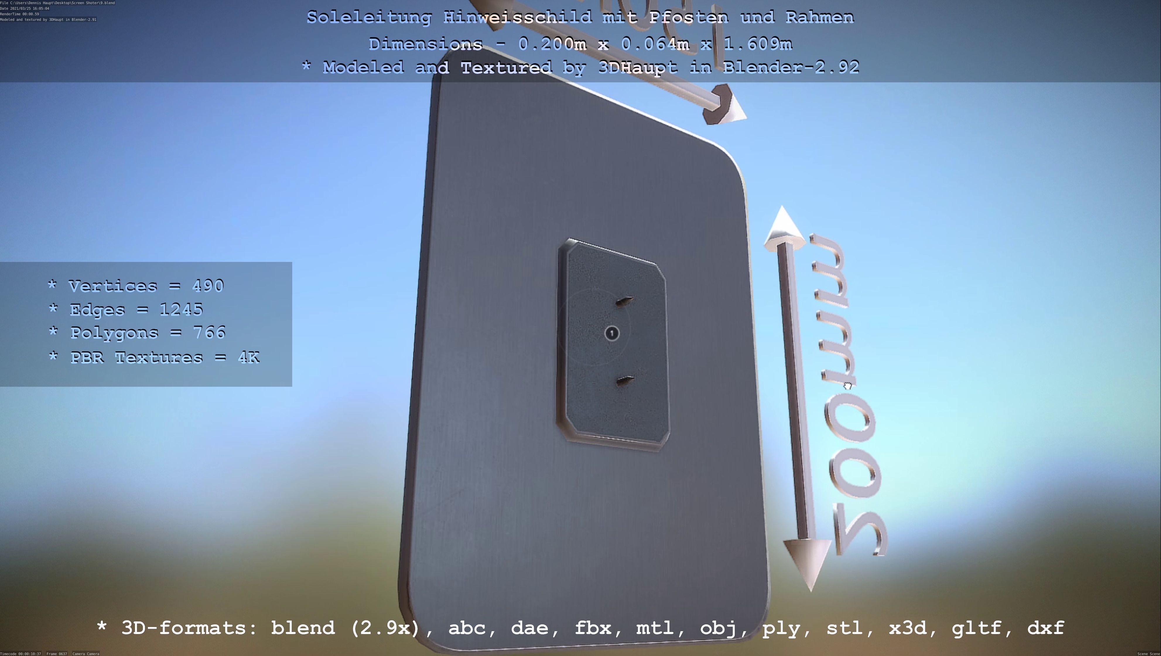 Hinweisschild Soleleitung mit Pfosten und Rahmen Low-poly 3D model_99