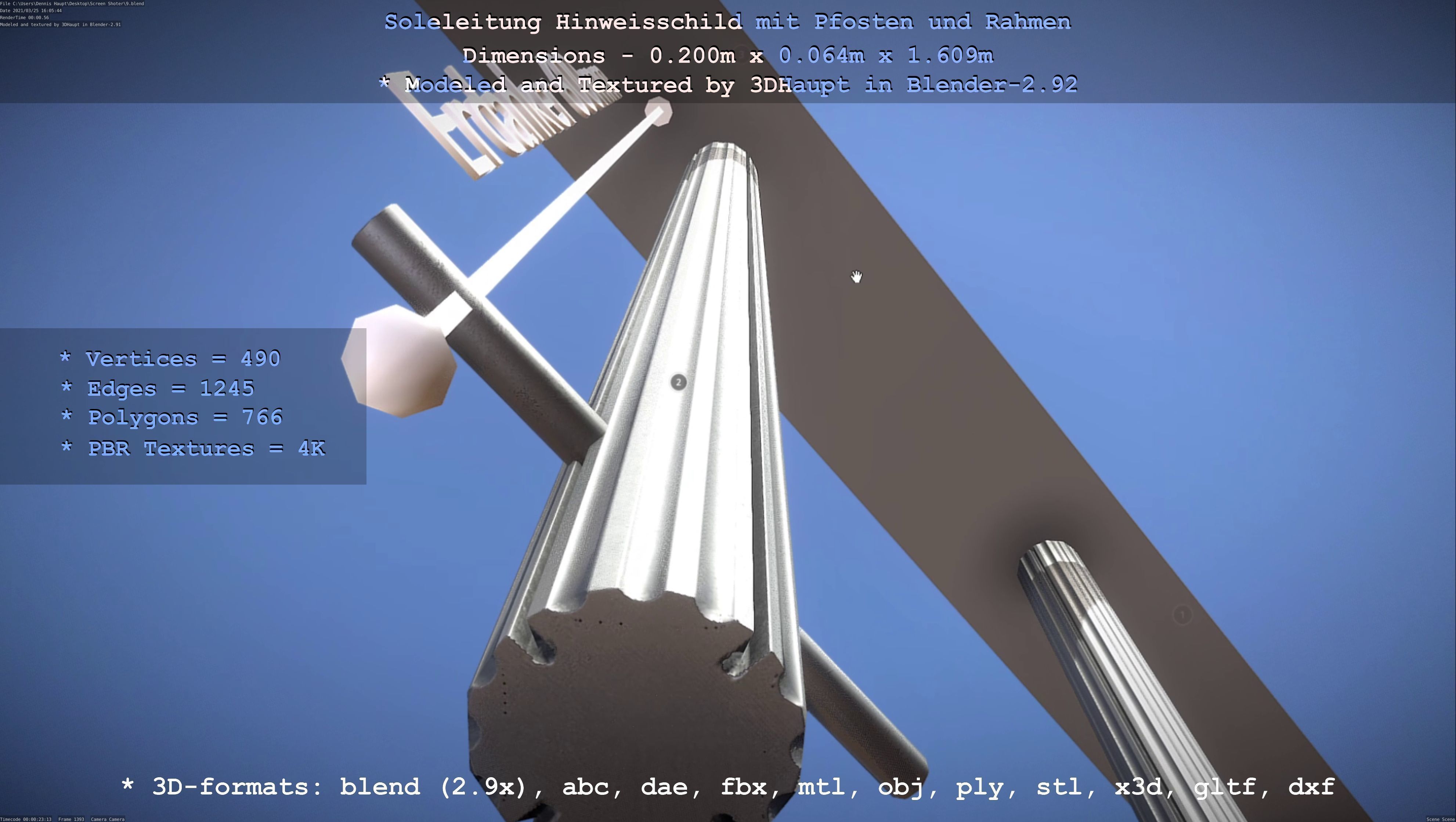 Hinweisschild Soleleitung mit Pfosten und Rahmen Low-poly 3D model_138