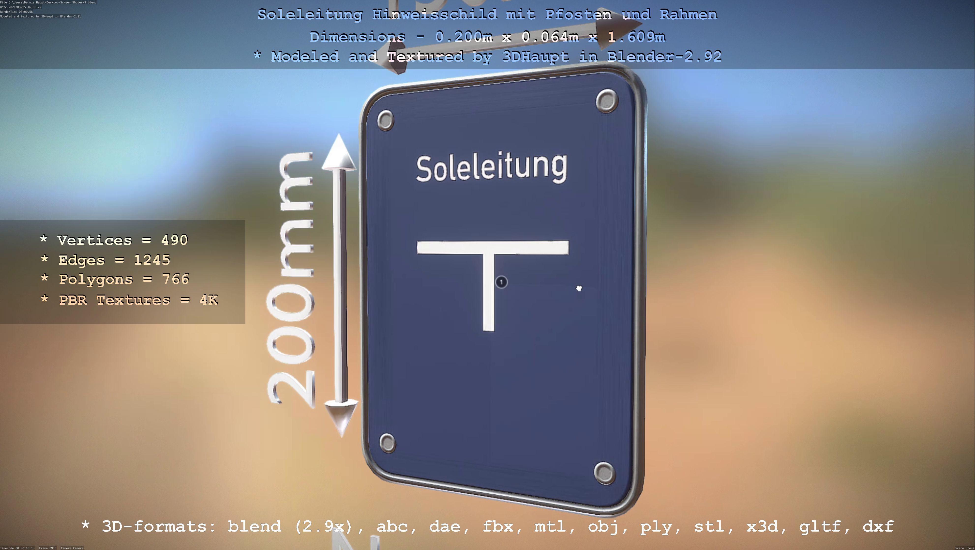 Hinweisschild Soleleitung mit Pfosten und Rahmen Low-poly 3D model_12