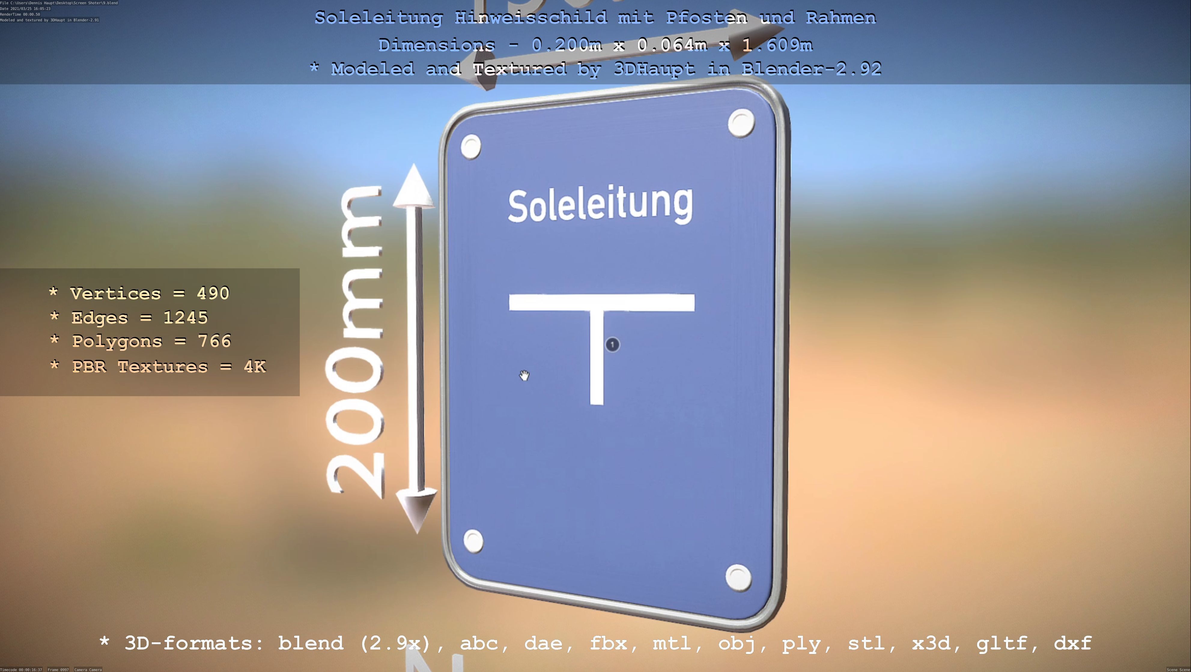 Hinweisschild Soleleitung mit Pfosten und Rahmen Low-poly 3D model_2