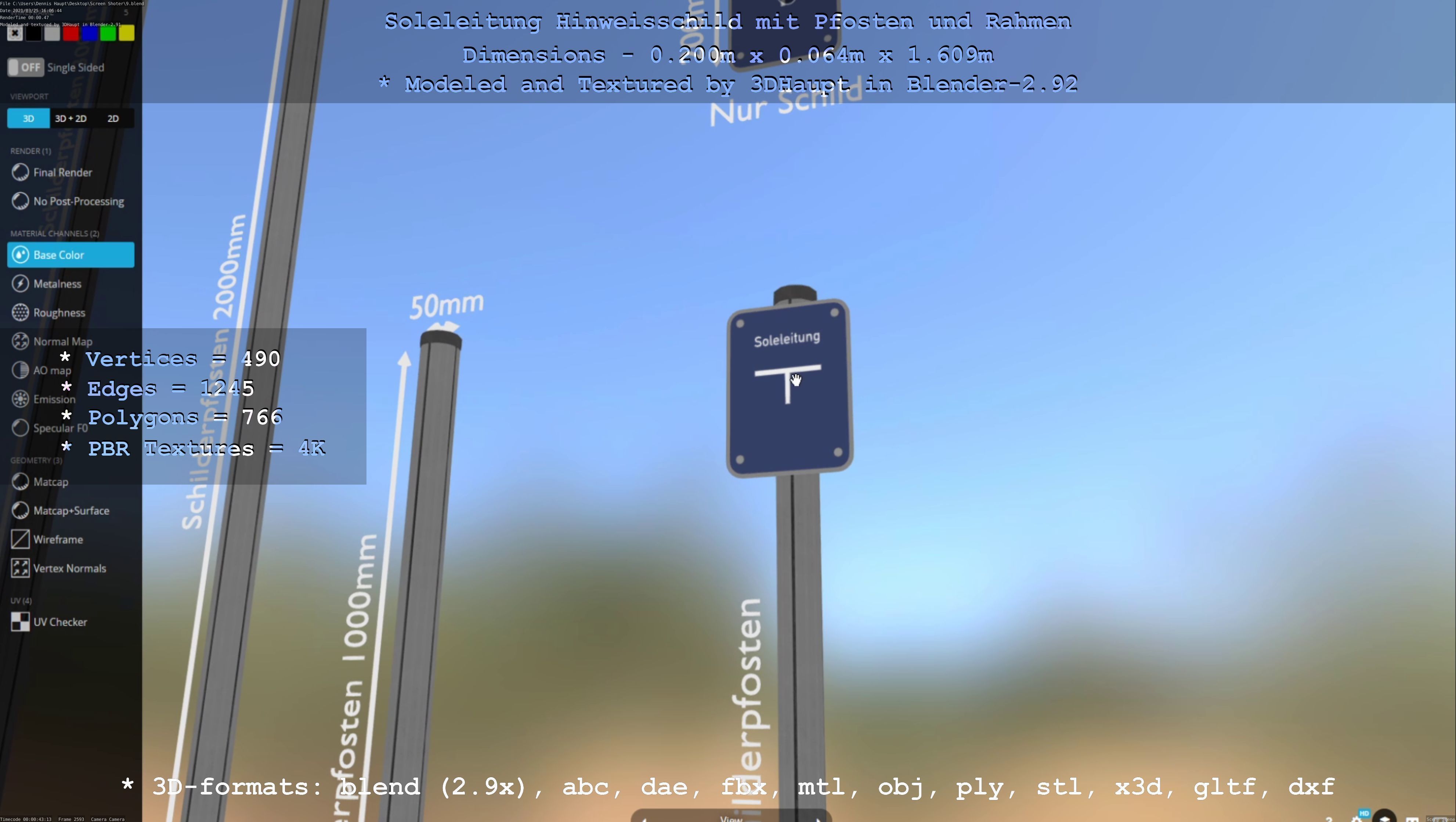 Hinweisschild Soleleitung mit Pfosten und Rahmen Low-poly 3D model_19