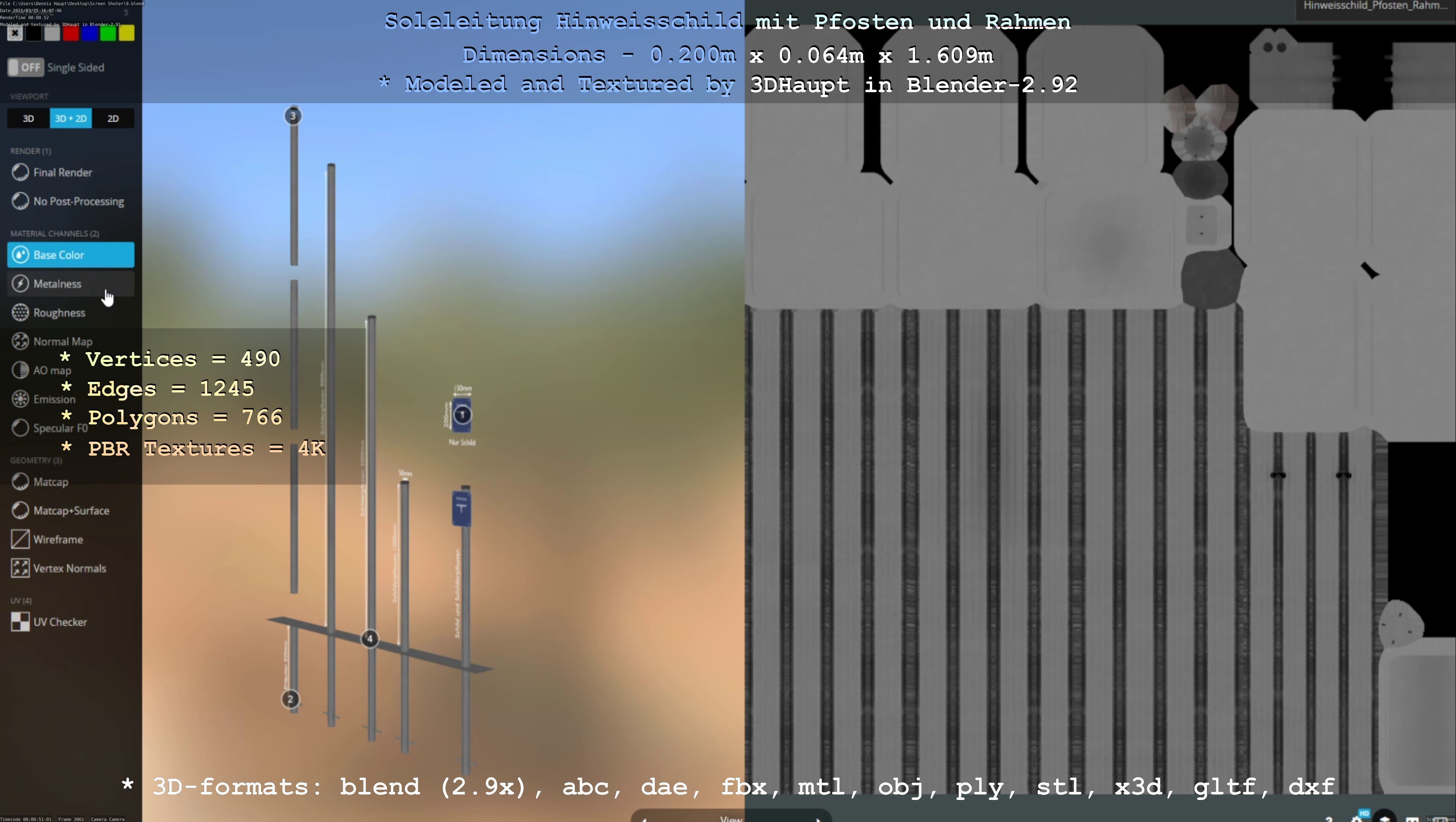 Hinweisschild Soleleitung mit Pfosten und Rahmen Low-poly 3D model_71