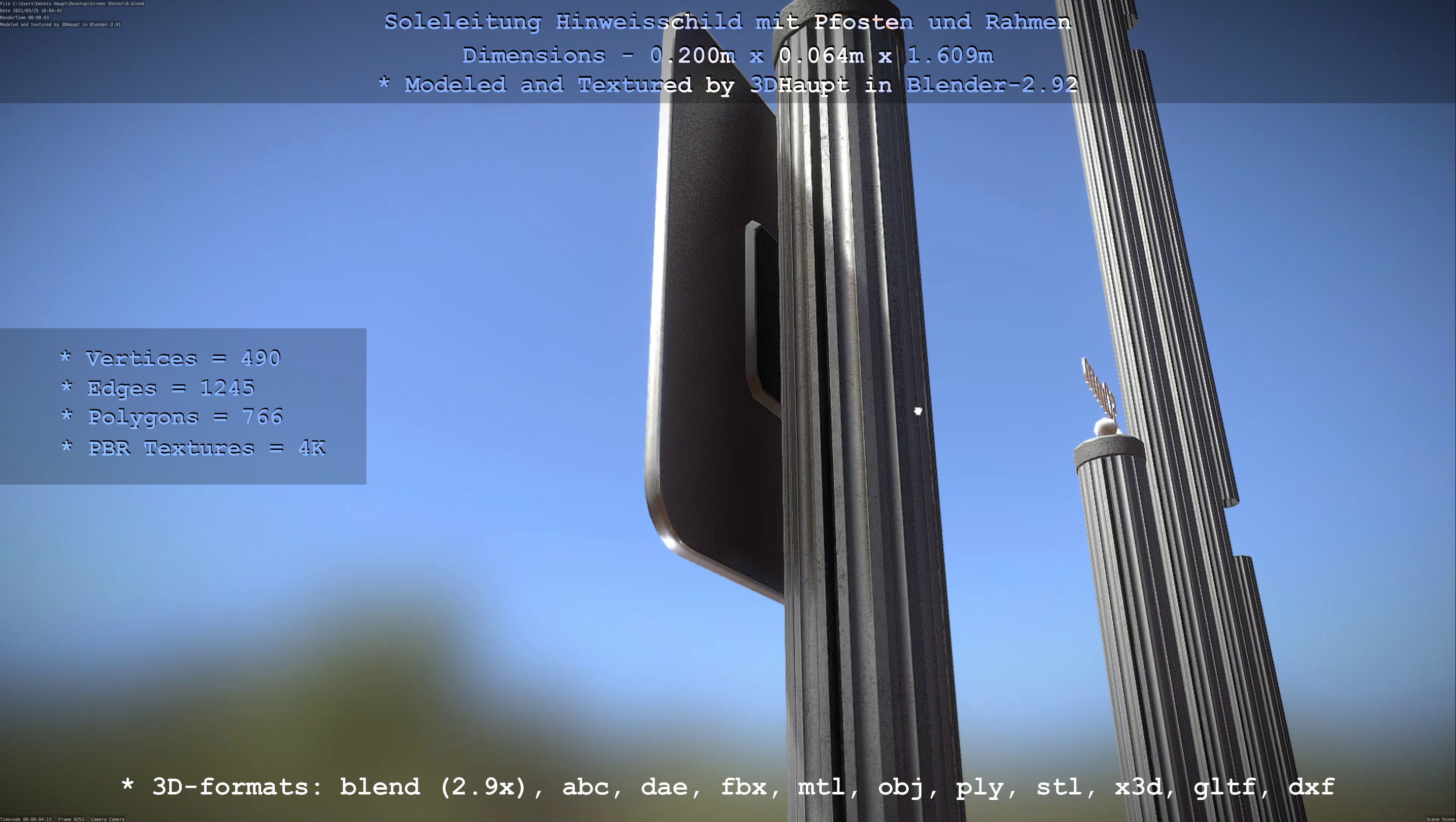 Hinweisschild Soleleitung mit Pfosten und Rahmen Low-poly 3D model_85