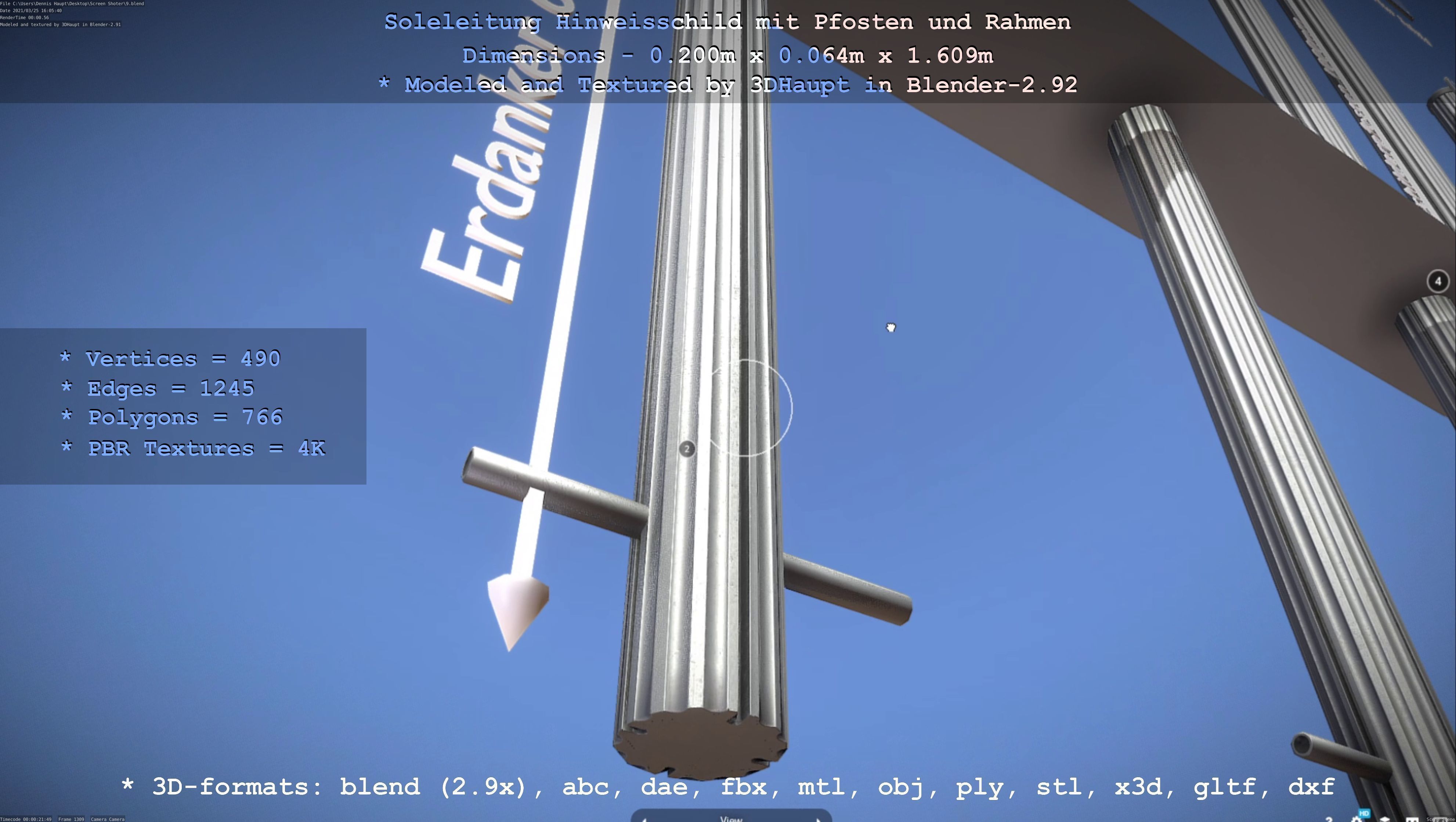 Hinweisschild Soleleitung mit Pfosten und Rahmen Low-poly 3D model_132