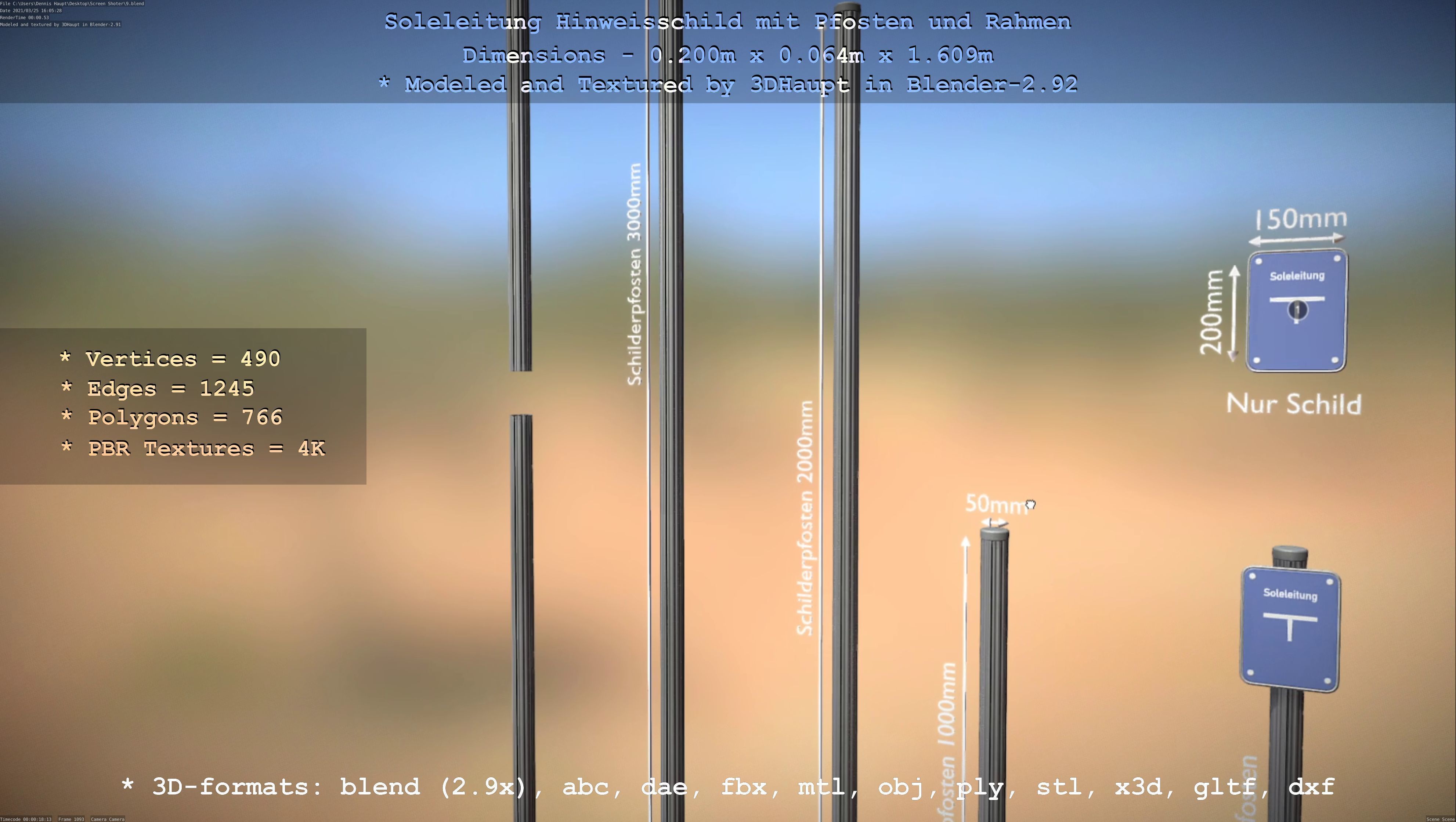 Hinweisschild Soleleitung mit Pfosten und Rahmen Low-poly 3D model_123