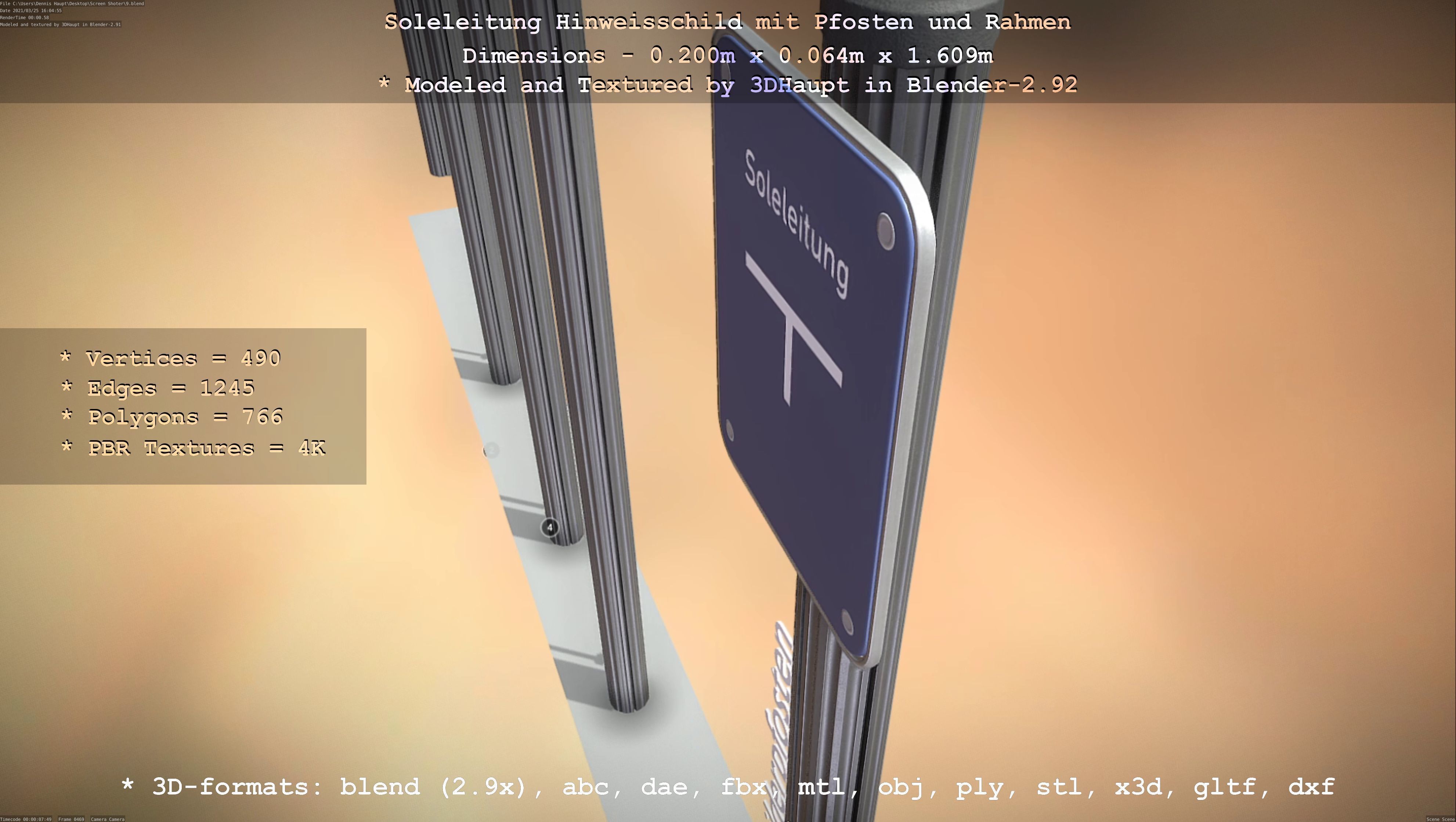 Hinweisschild Soleleitung mit Pfosten und Rahmen Low-poly 3D model_34