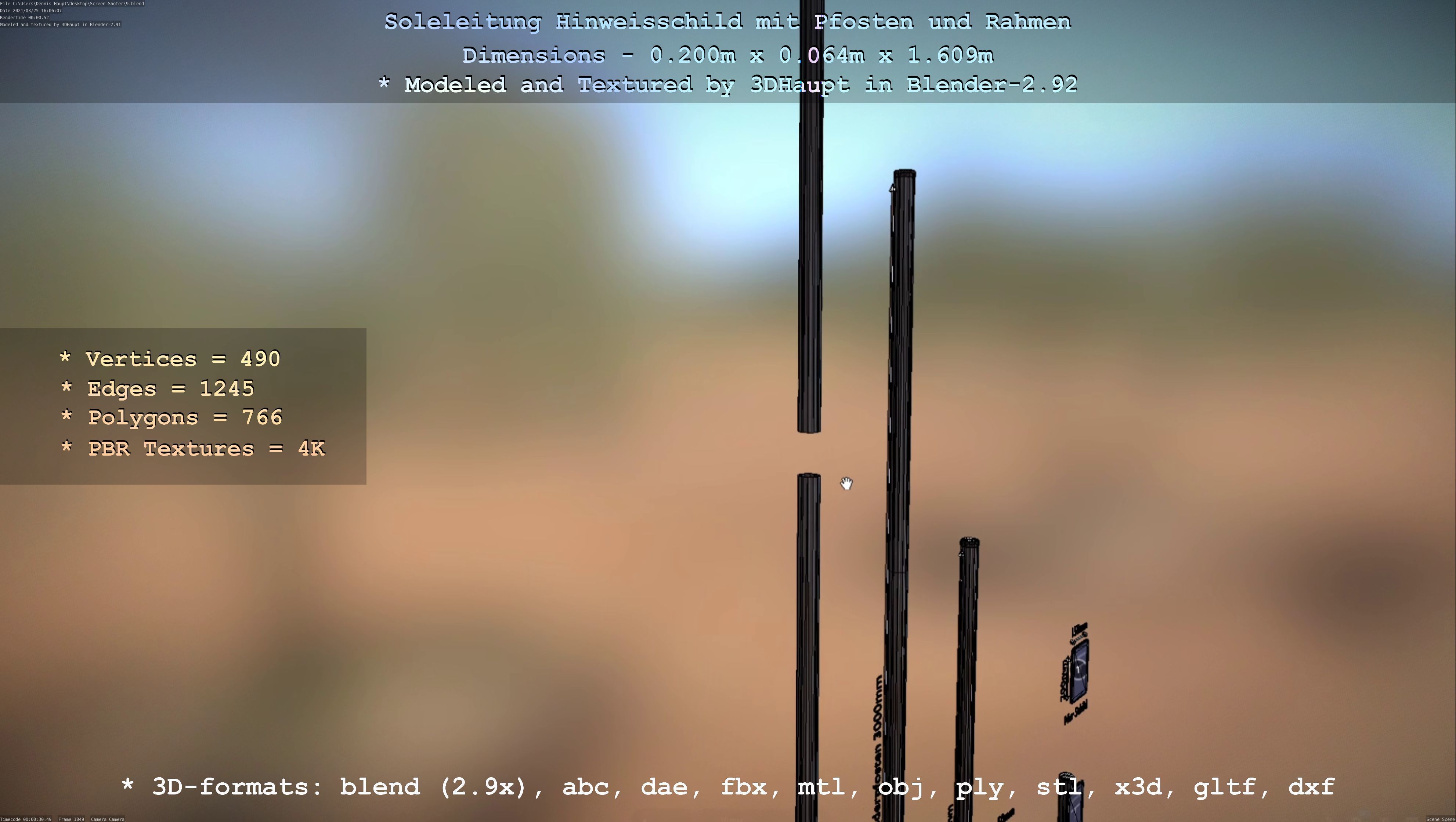 Hinweisschild Soleleitung mit Pfosten und Rahmen Low-poly 3D model_53