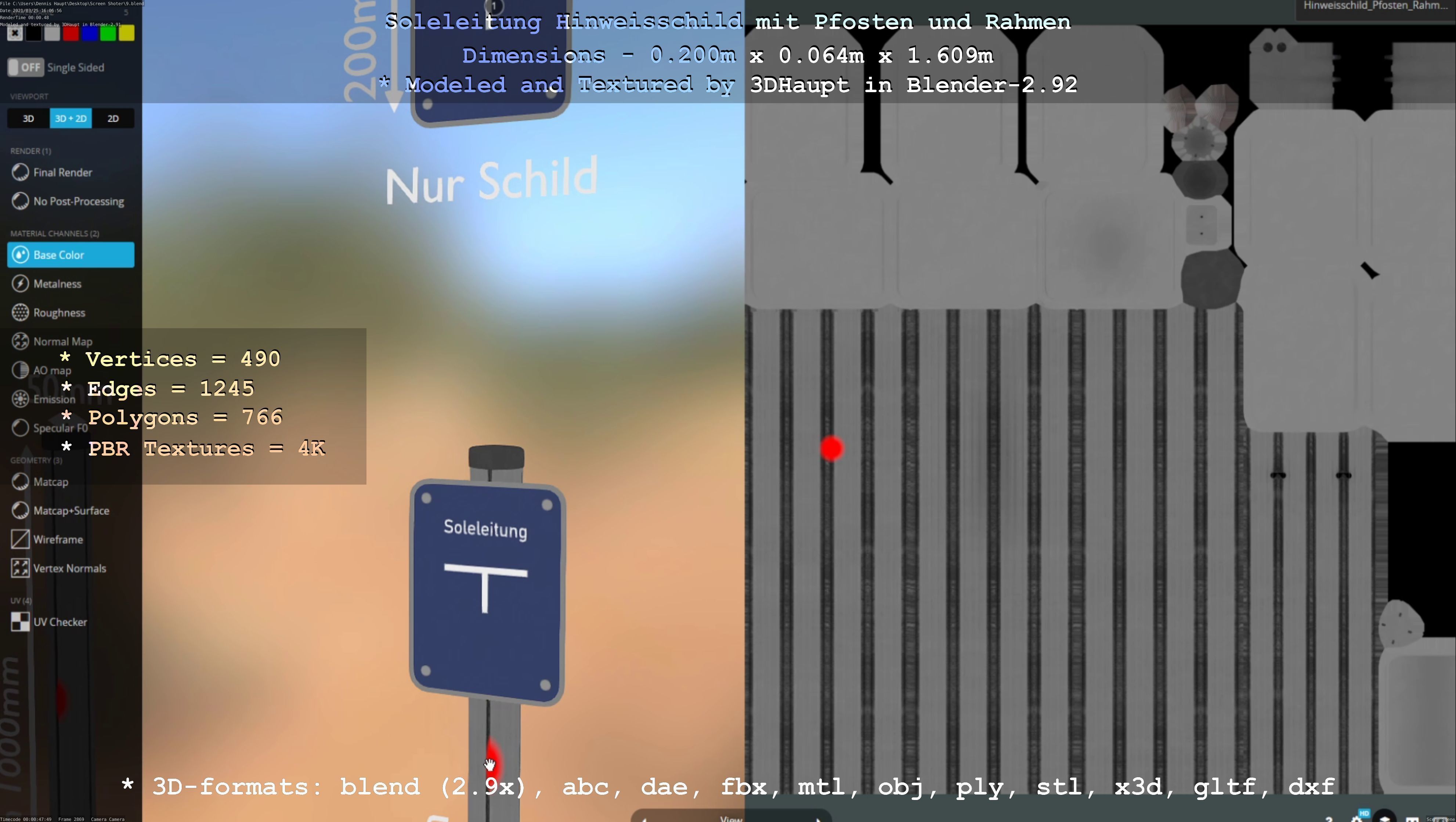 Hinweisschild Soleleitung mit Pfosten und Rahmen Low-poly 3D model_21